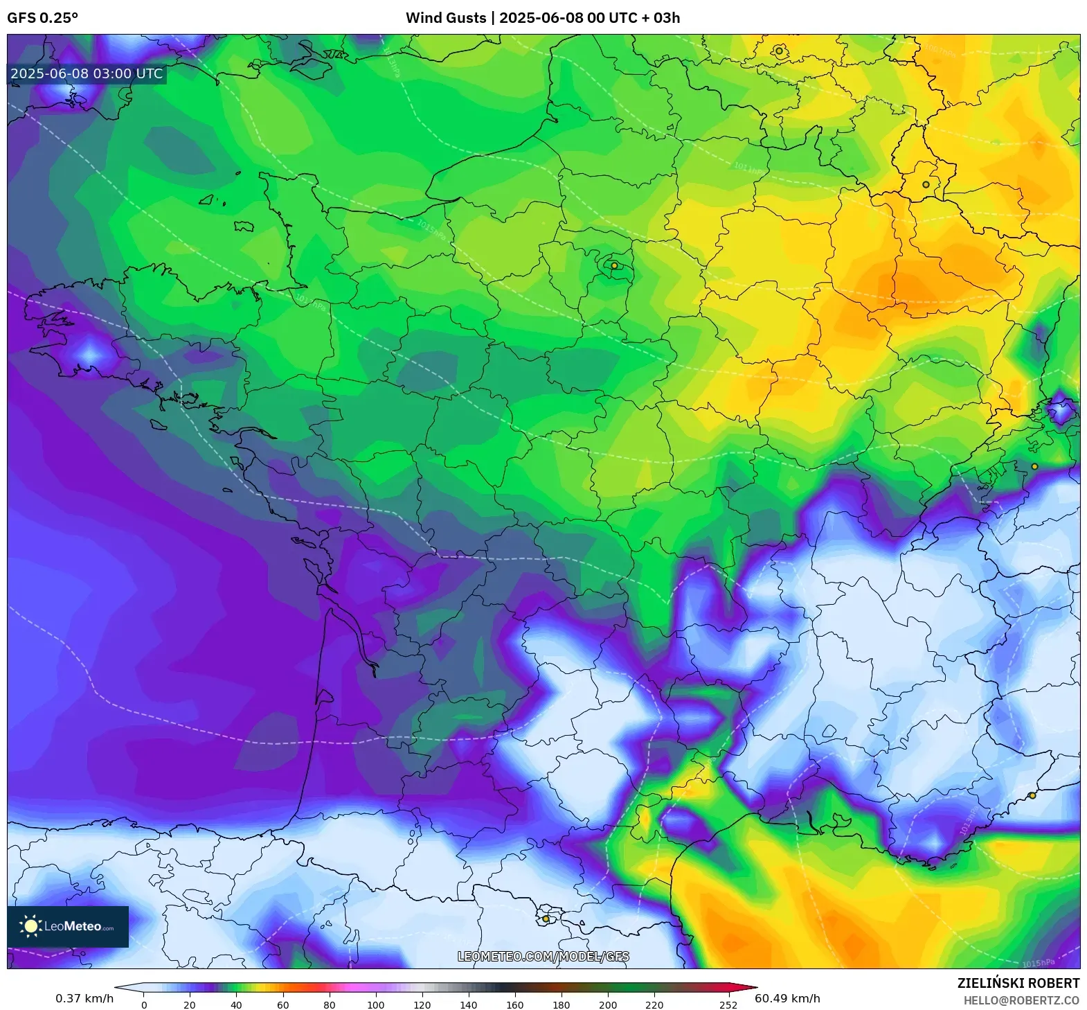 GFS model - France, Wind Gusts GFS model - France, Wind Gusts