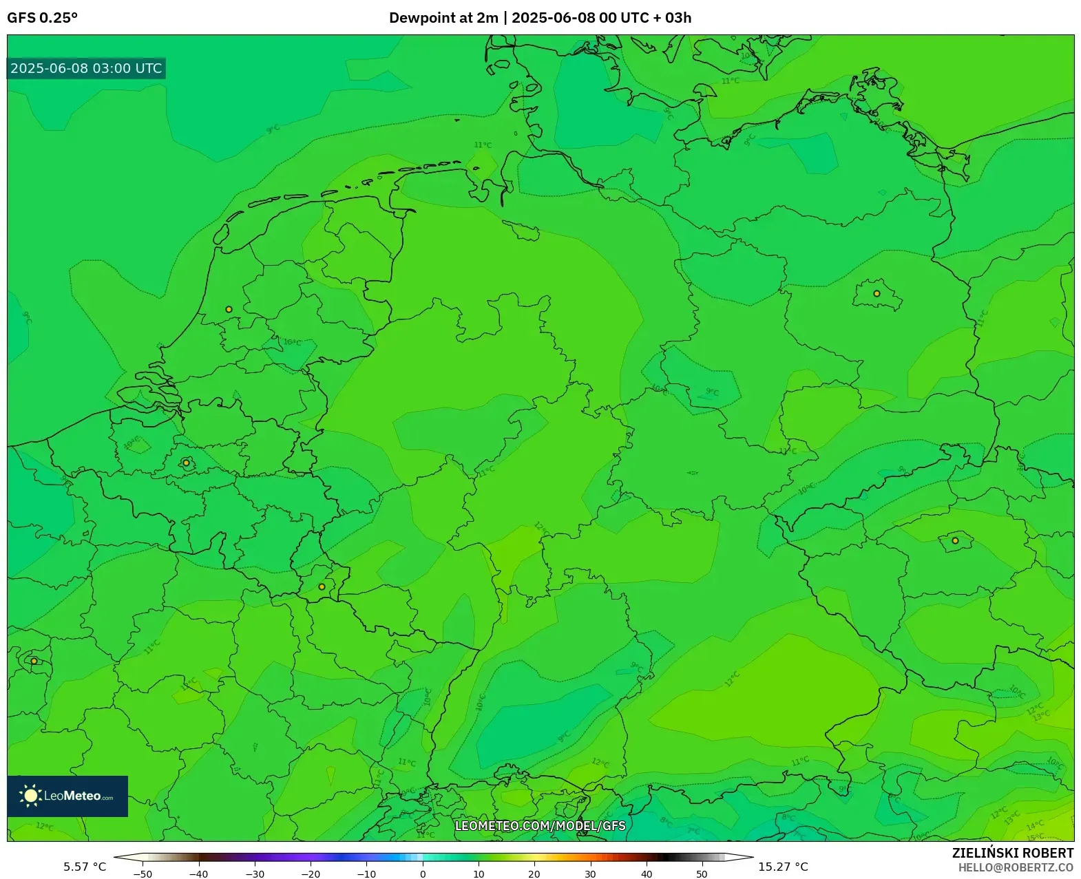 GFS model - Germany, Dewpoint at 2m