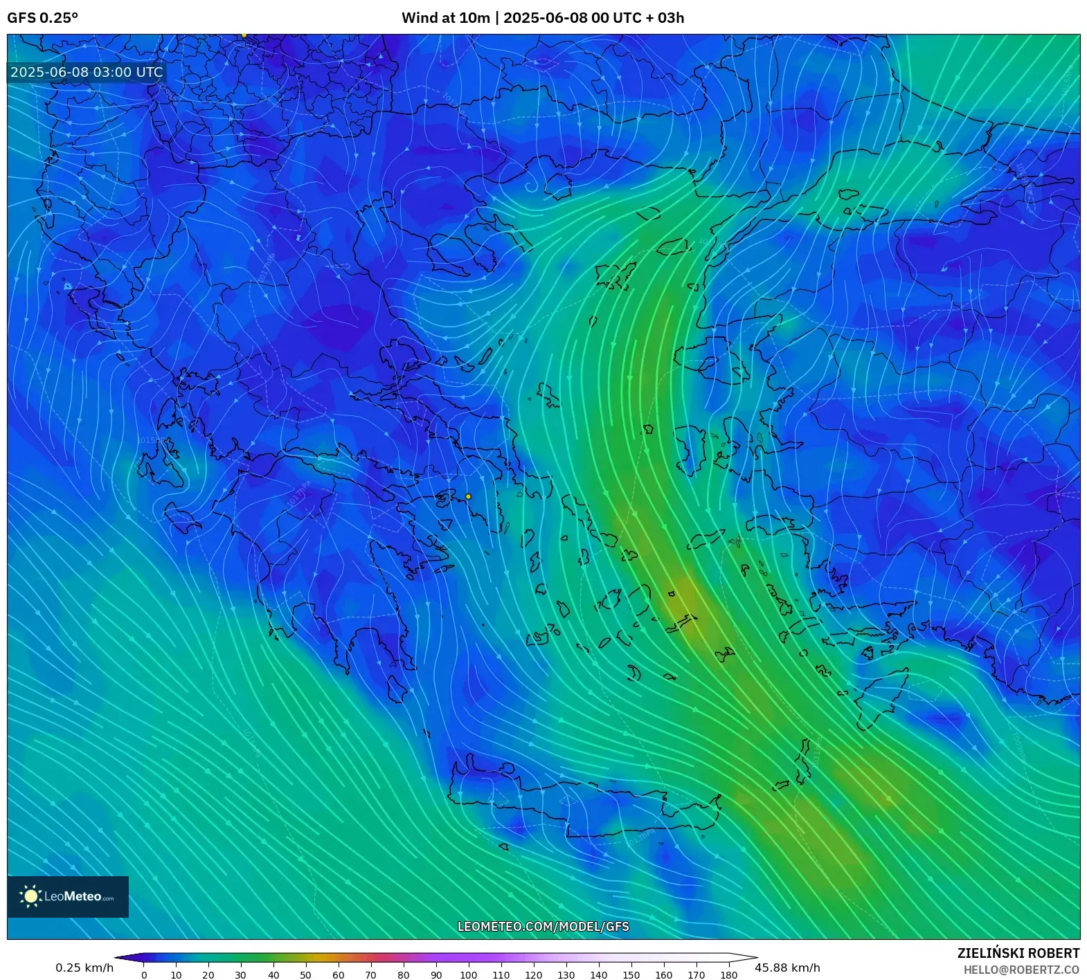 GFS model - Greece, Wind at 10m GFS model - Greece, Wind at 10m