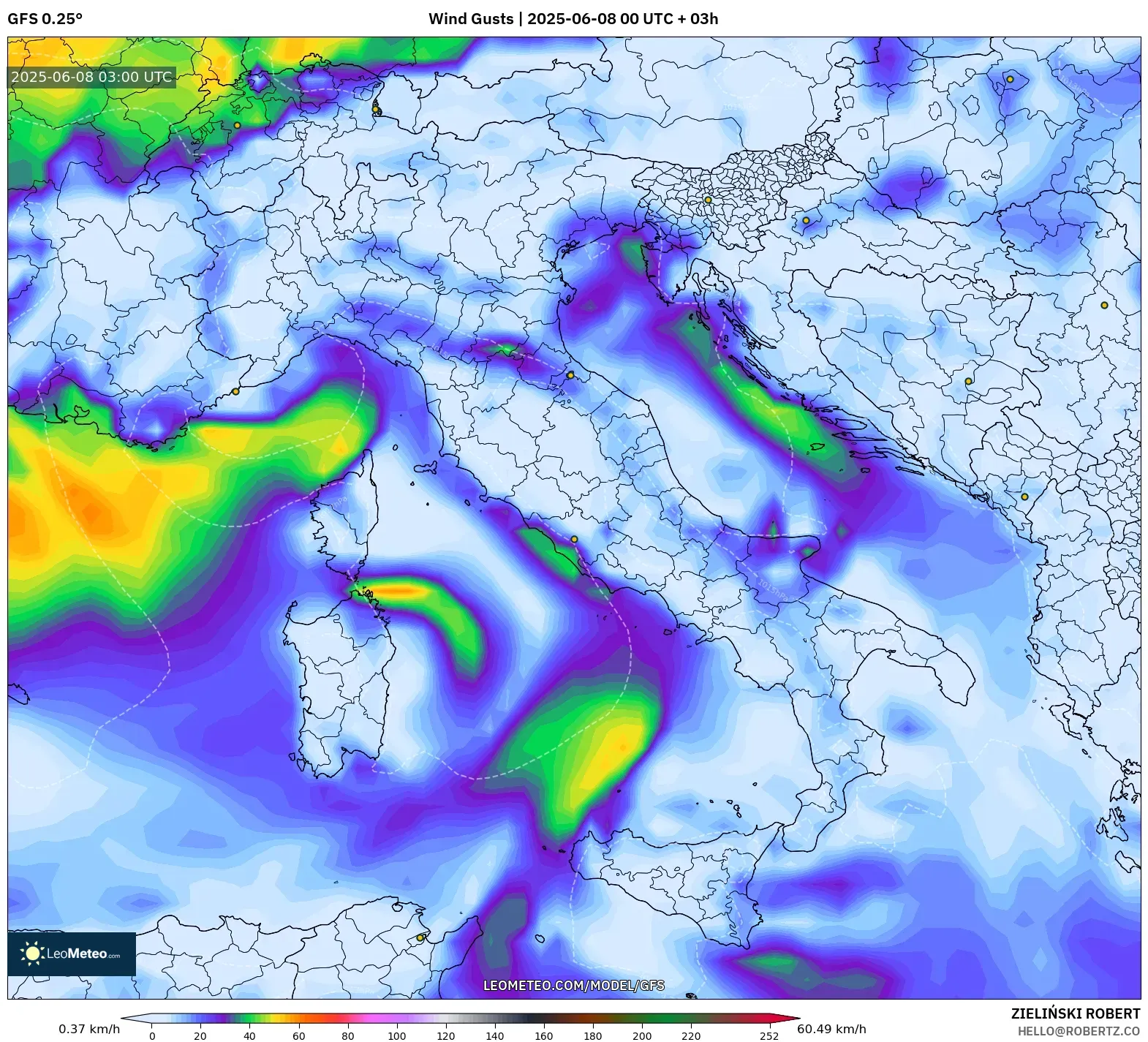 GFS model - Italy, Wind Gusts GFS model - Italy, Wind Gusts