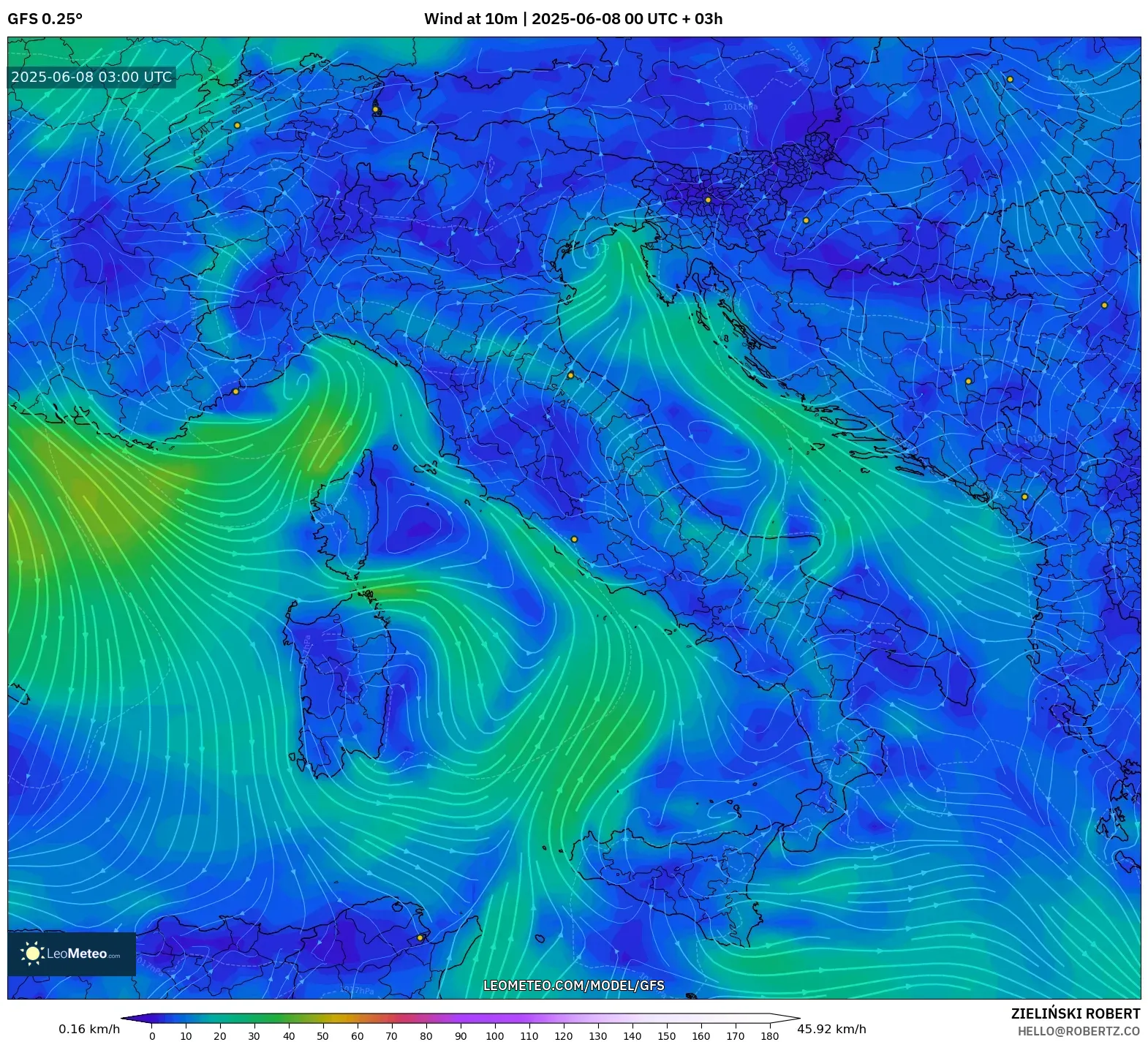 GFS model - Italy, Wind at 10m GFS model - Italy, Wind at 10m