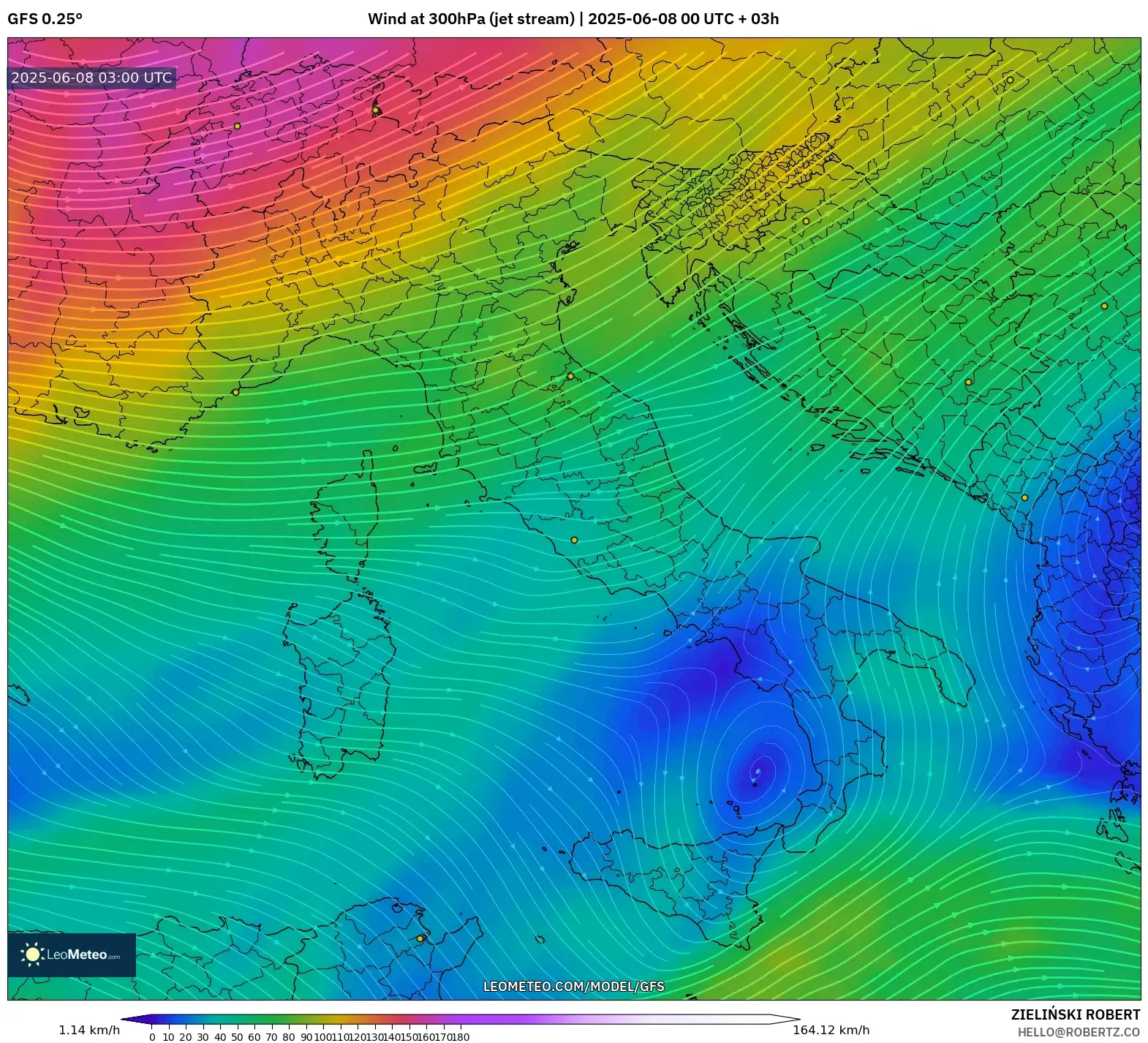 GFS model - Italy, Wind at 300hPa (jet stream) GFS model - Italy, Wind at 300hPa (jet stream)