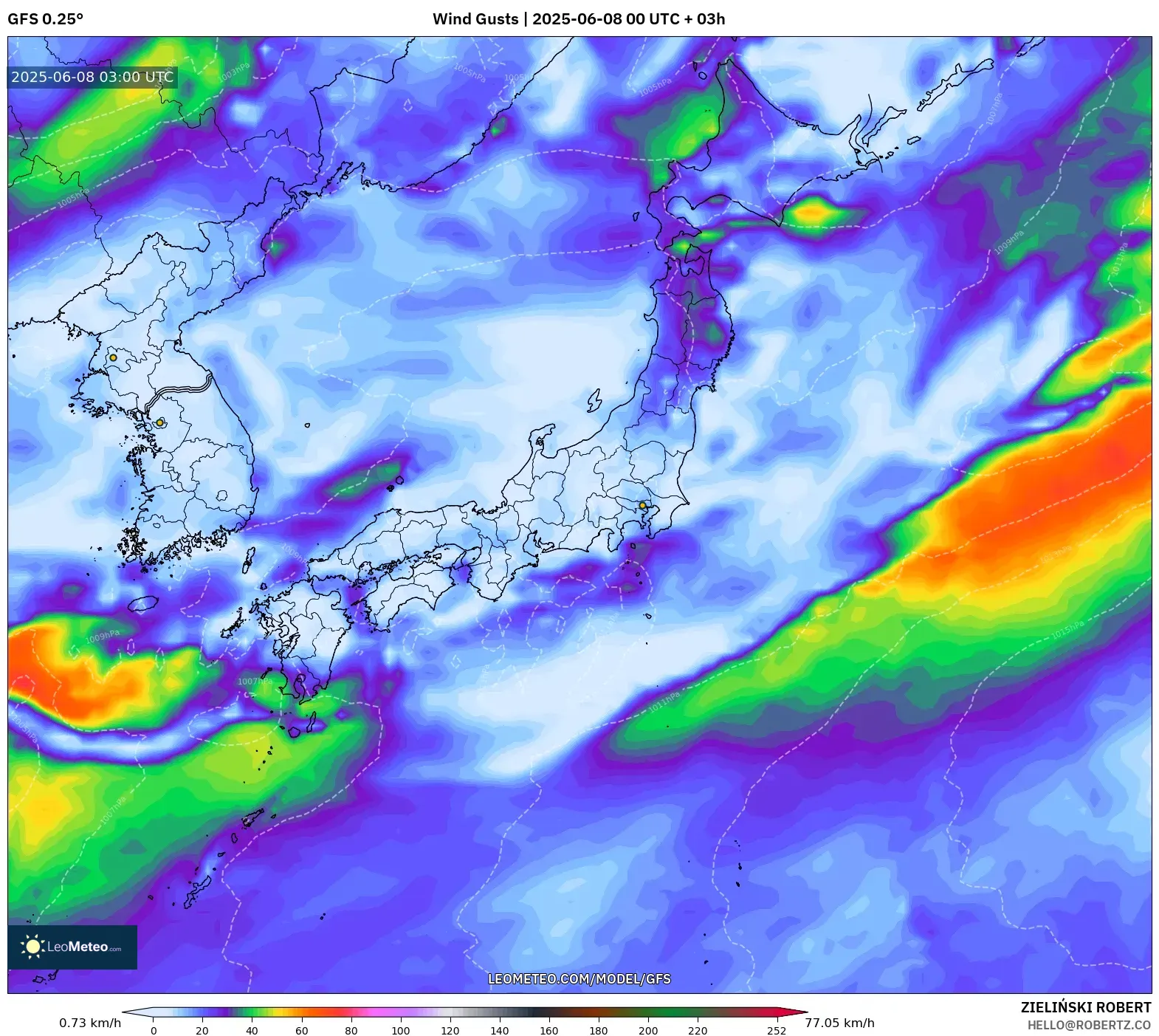 GFS model - Japan, Wind Gusts
