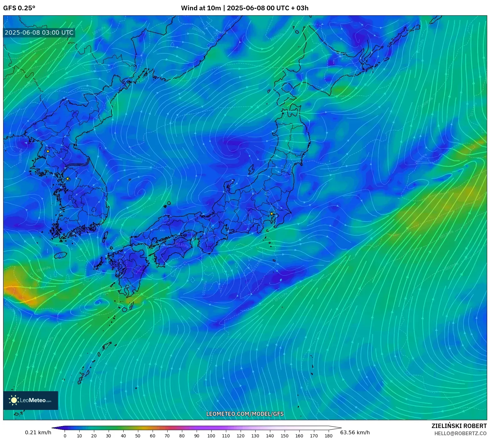 GFS model - Japan, Wind at 10m GFS model - Japan, Wind at 10m