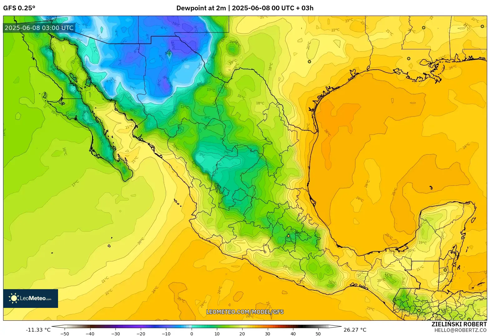 GFS model - Mexico, Dewpoint at 2m GFS model - Mexico, Dewpoint at 2m