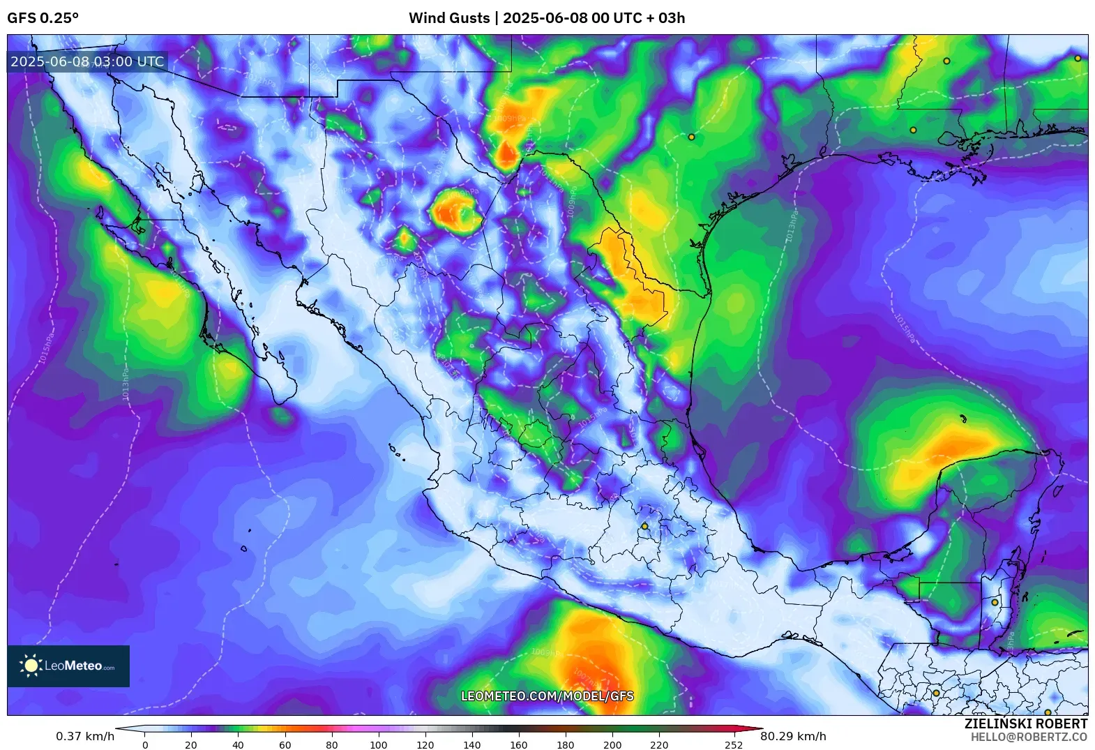 GFS model - Mexico, Wind Gusts