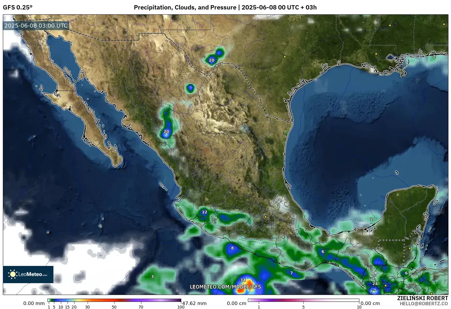 GFS model - Mexico, Precipitation, Clouds, and Pressure