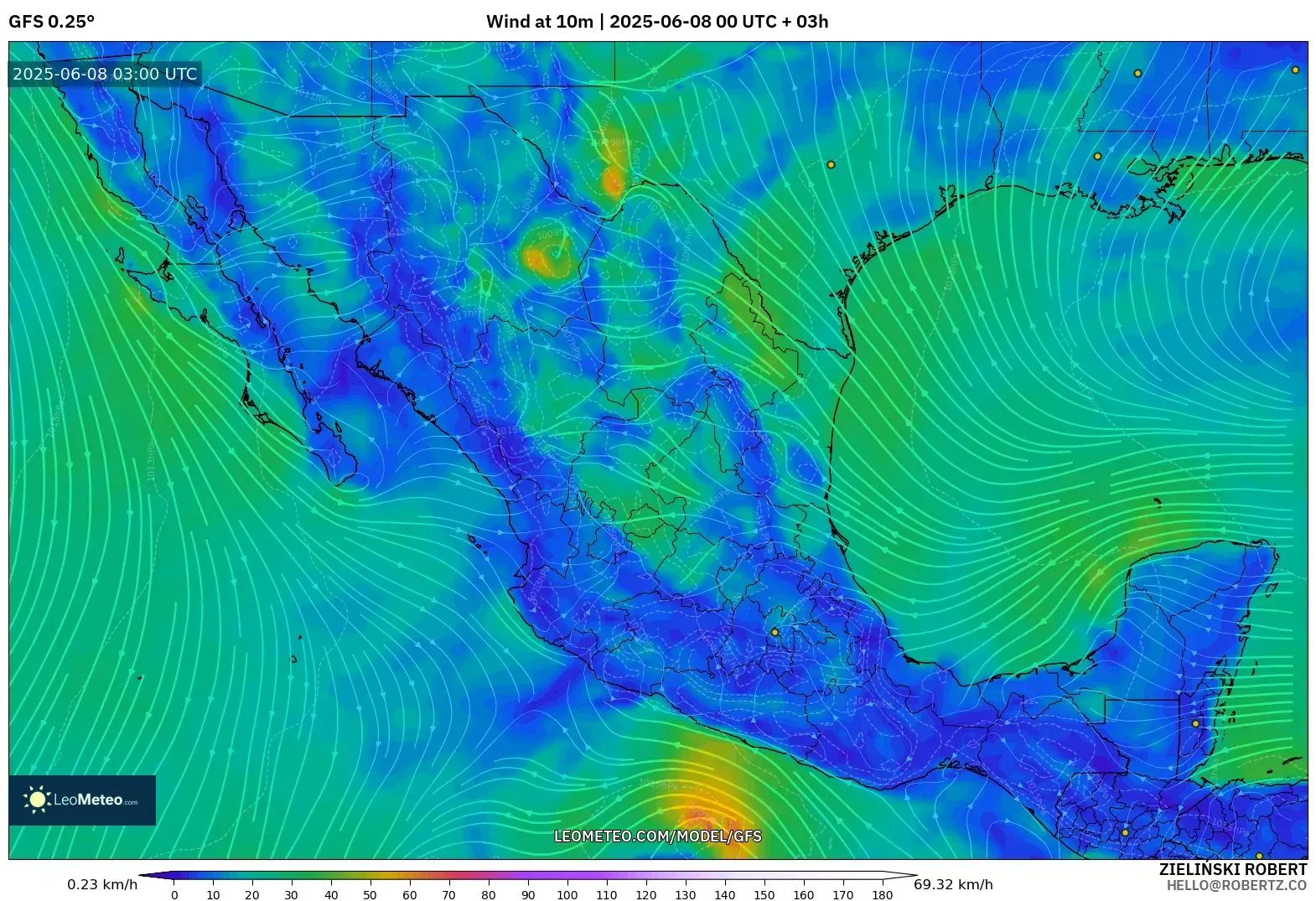 GFS model - Mexico, Wind at 10m GFS model - Mexico, Wind at 10m