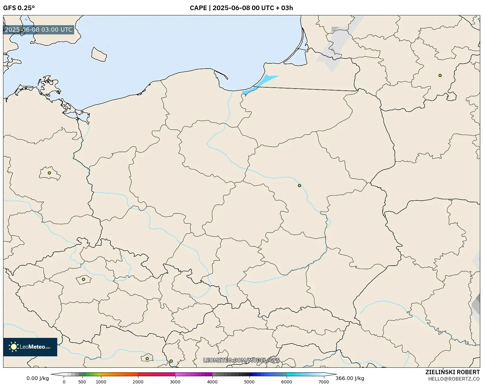 GFS model - Poland, CAPE GFS model - Poland, CAPE