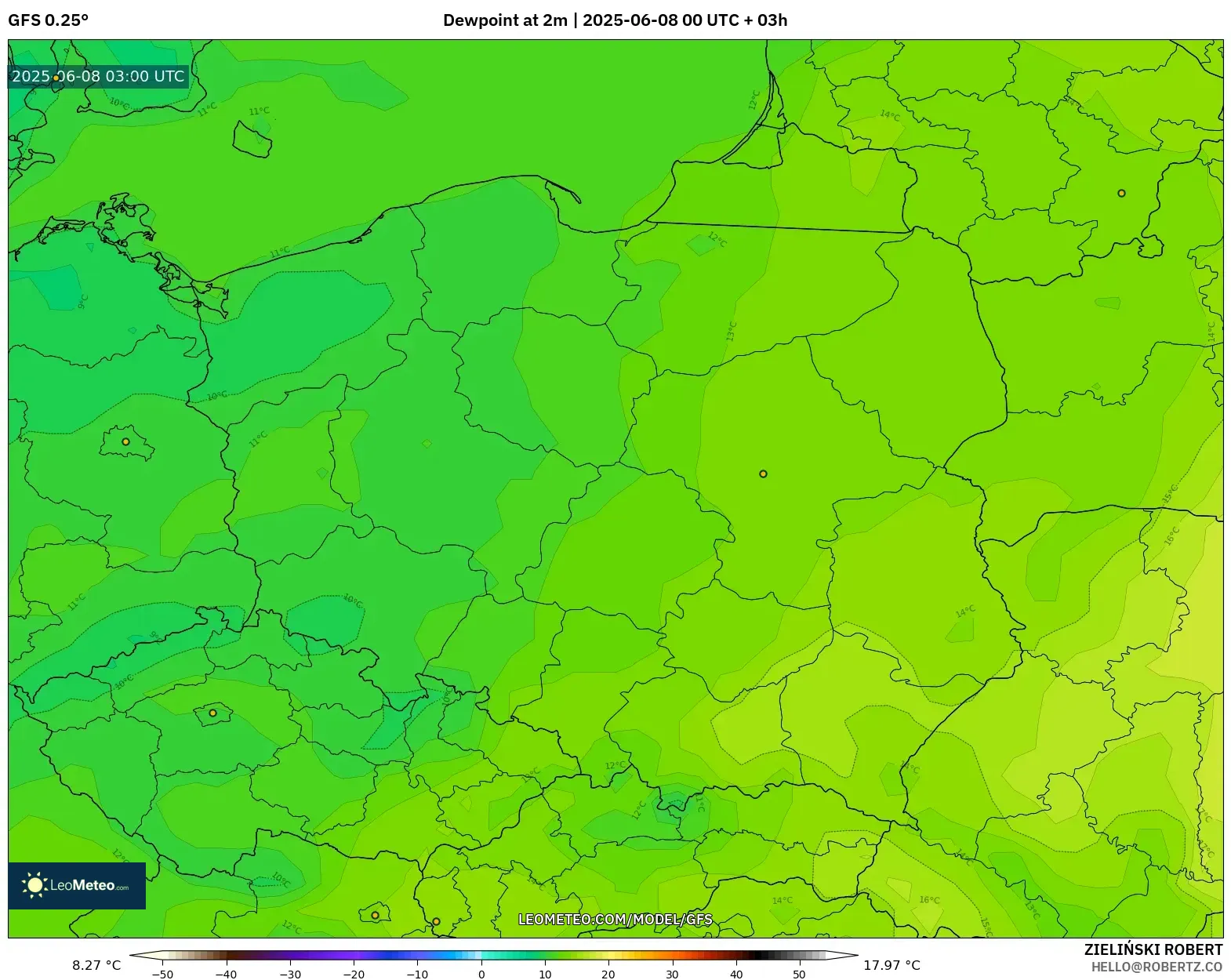 GFS model - Poland, Dewpoint at 2m