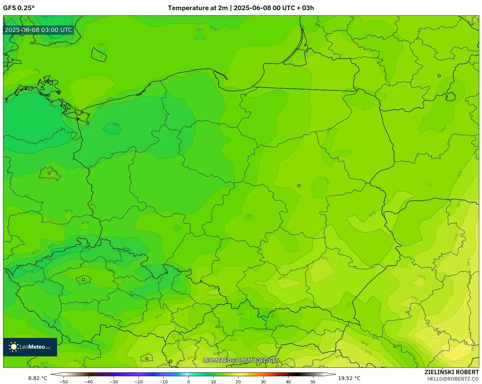 GFS model - Poland, Temperature at 2m GFS model - Poland, Temperature at 2m