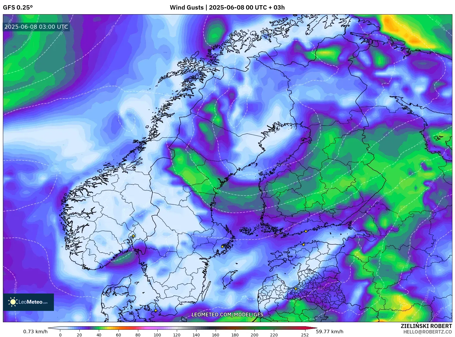 GFS model - Scandinavia, Wind Gusts GFS model - Scandinavia, Wind Gusts