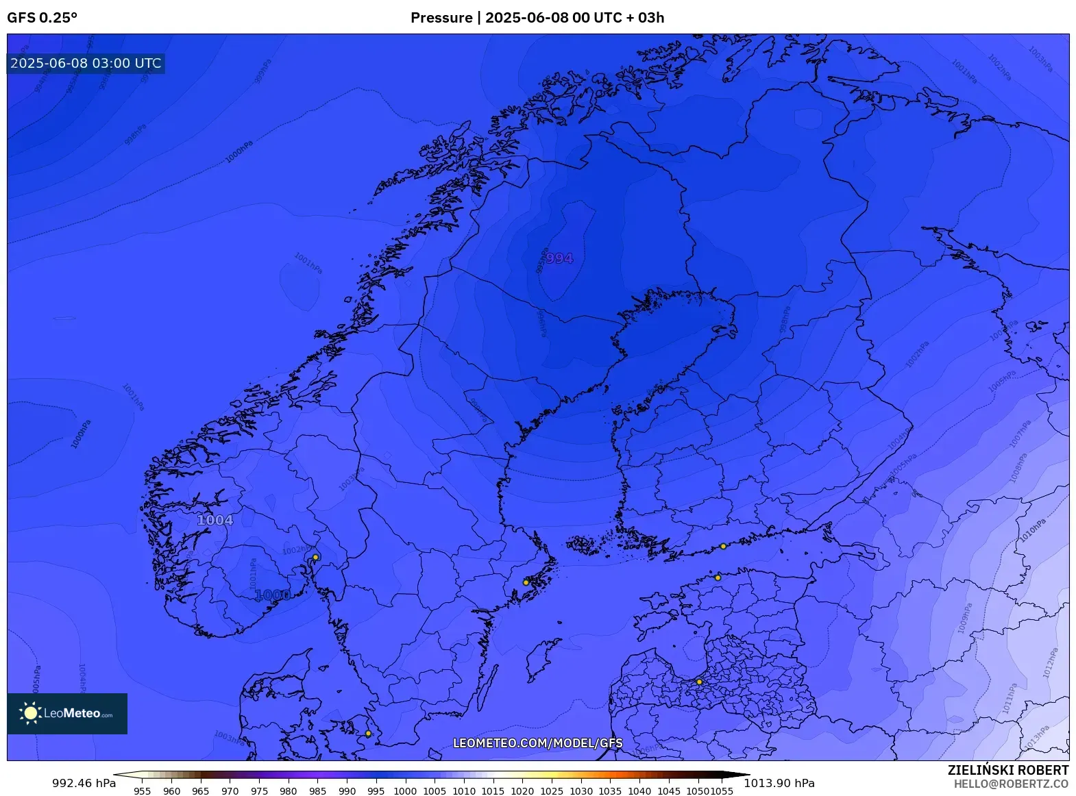 GFS model - Scandinavia, Pressure GFS model - Scandinavia, Pressure