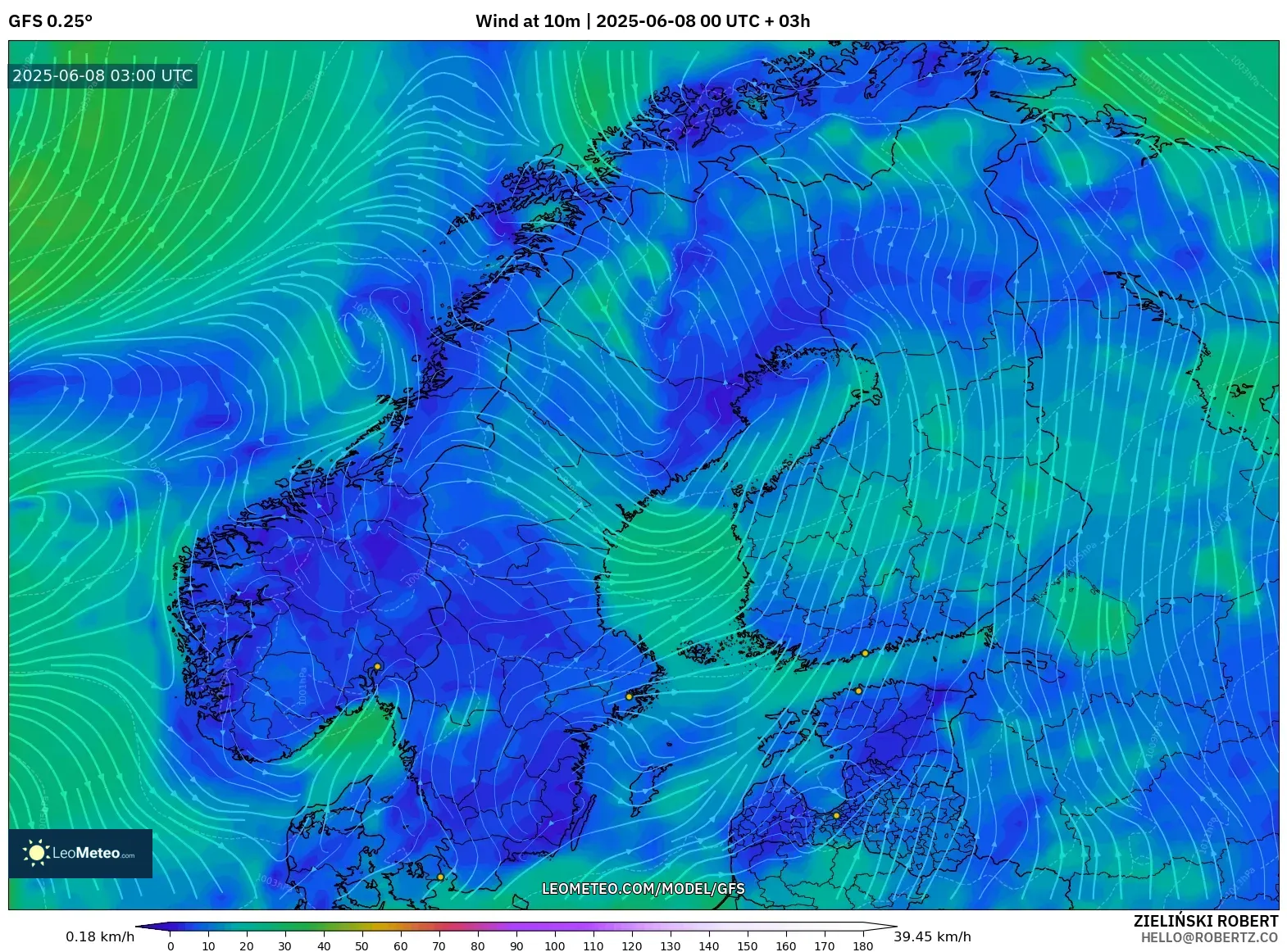 GFS model - Scandinavia, Wind at 10m GFS model - Scandinavia, Wind at 10m