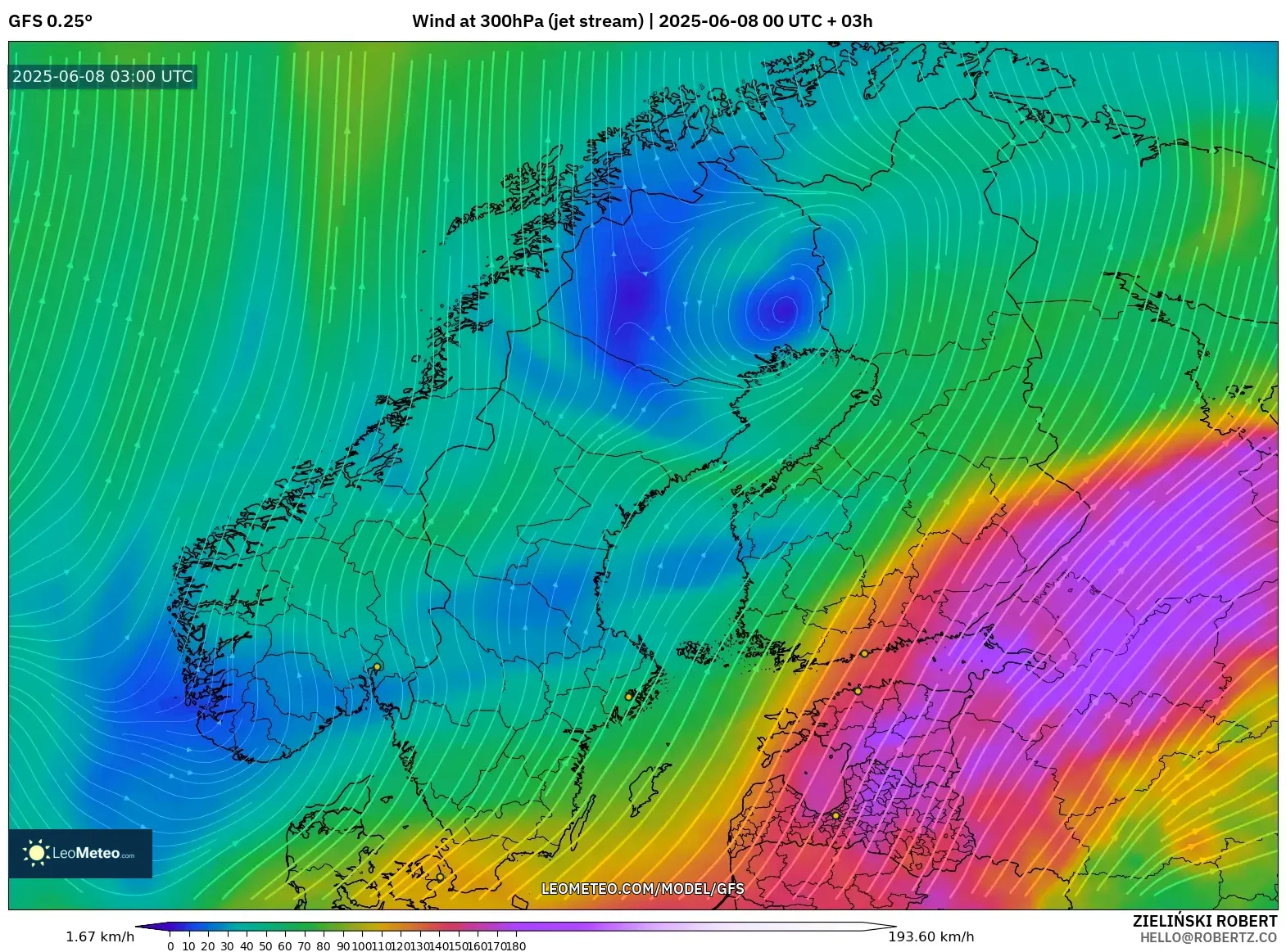GFS model - Scandinavia, Wind at 300hPa (jet stream) GFS model - Scandinavia, Wind at 300hPa (jet stream)