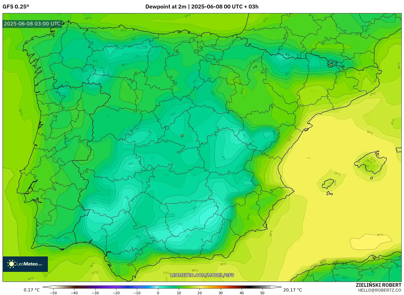 GFS model - Spain, Dewpoint at 2m GFS model - Spain, Dewpoint at 2m