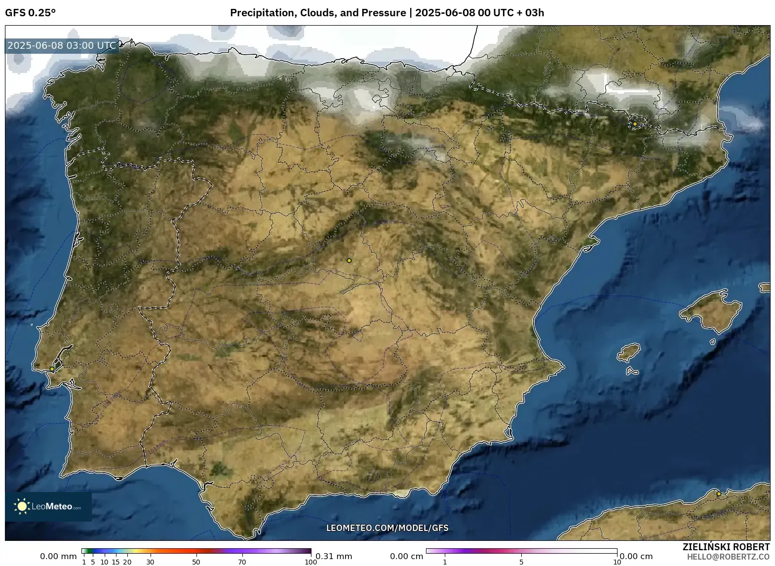 GFS model - Spain, Precipitation, Clouds, and Pressure GFS model - Spain, Precipitation, Clouds, and Pressure
