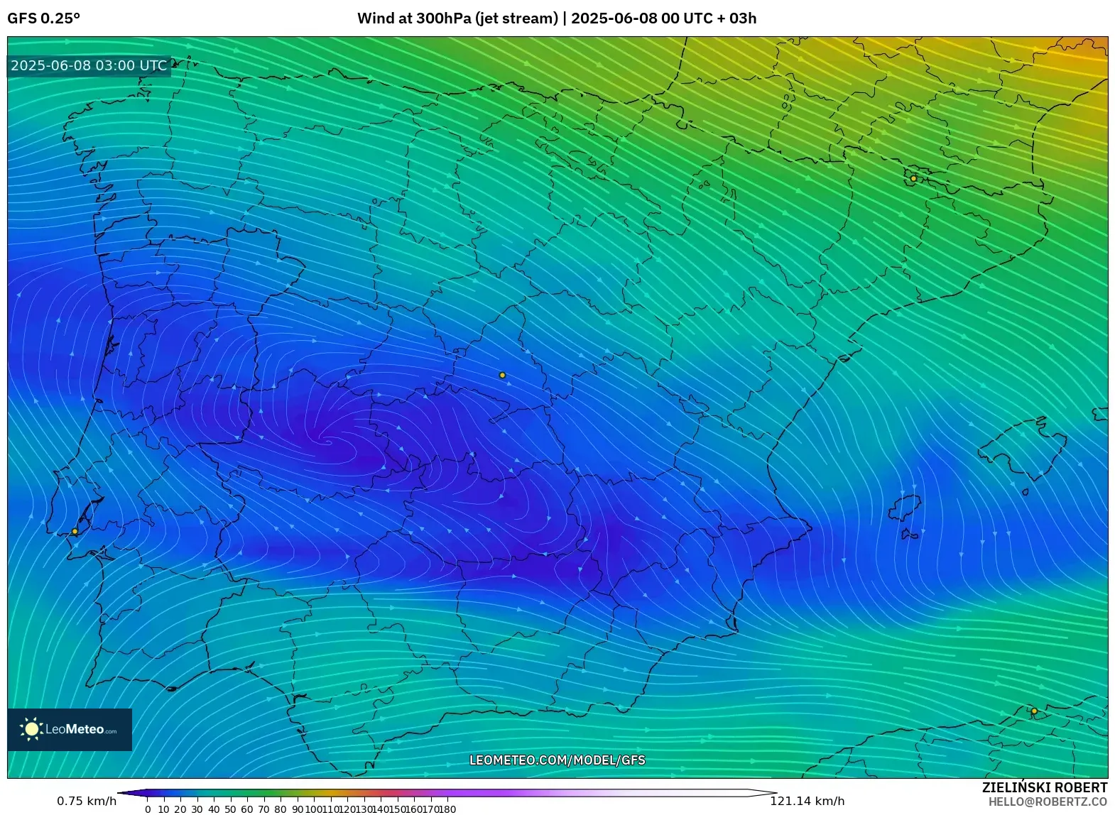 GFS model - Spain, Wind at 300hPa (jet stream) GFS model - Spain, Wind at 300hPa (jet stream)
