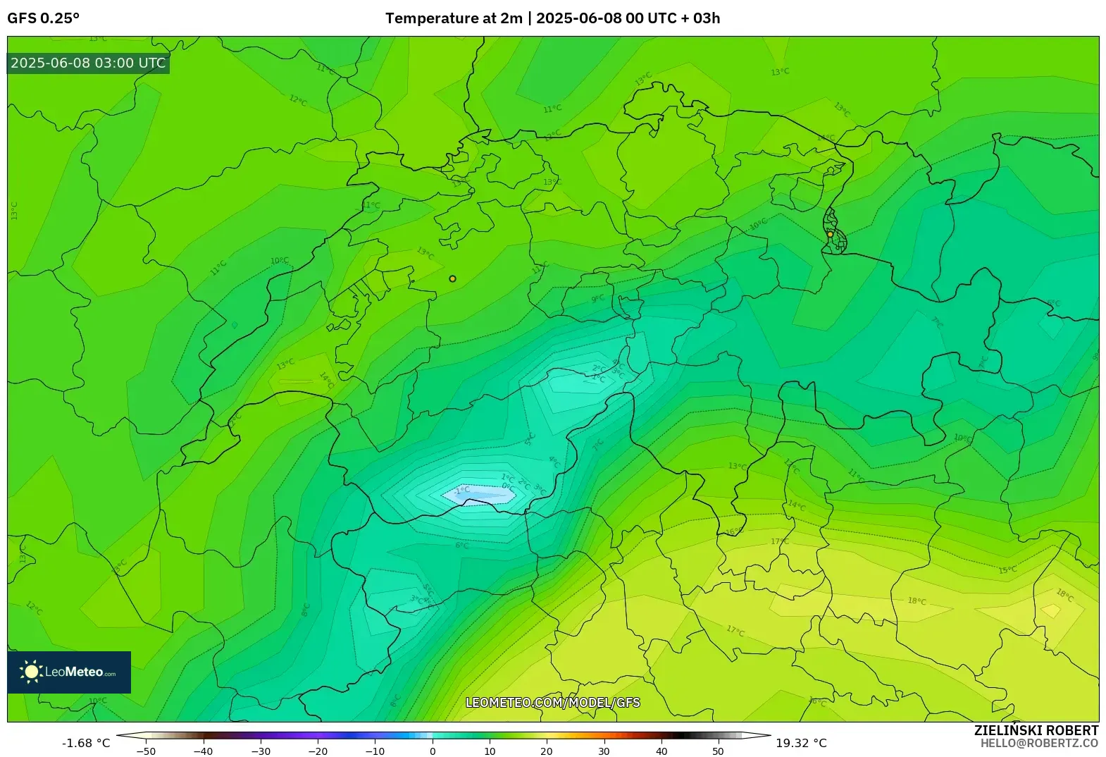 GFS model - Switzerland, Temperature at 2m
