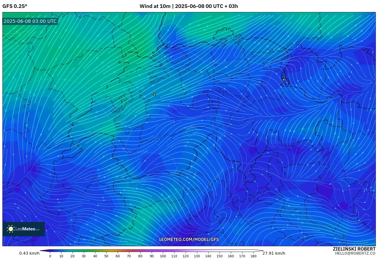 GFS model - Switzerland, Wind at 10m GFS model - Switzerland, Wind at 10m