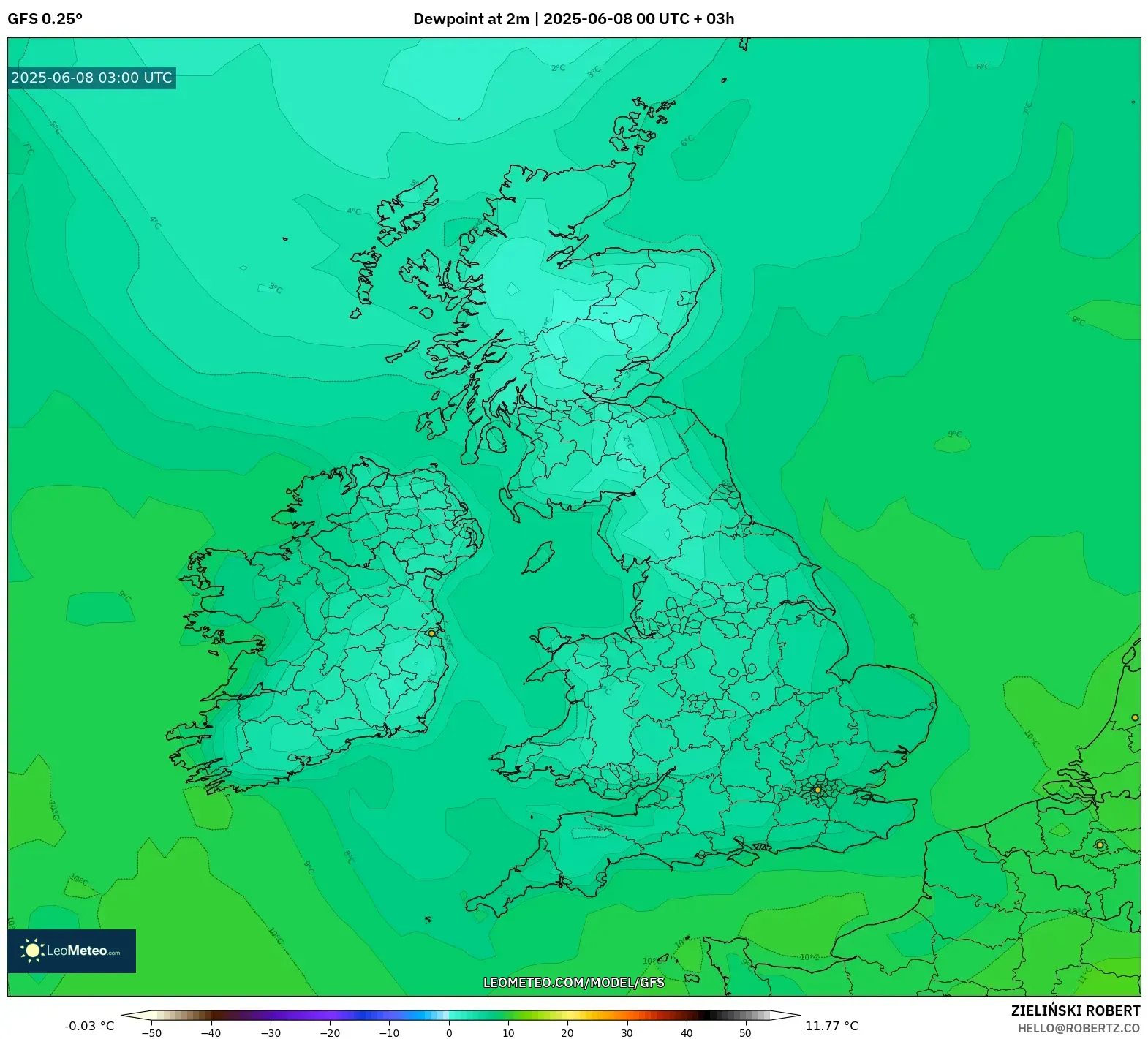 GFS model - United Kingdom, Dewpoint at 2m GFS model - United Kingdom, Dewpoint at 2m