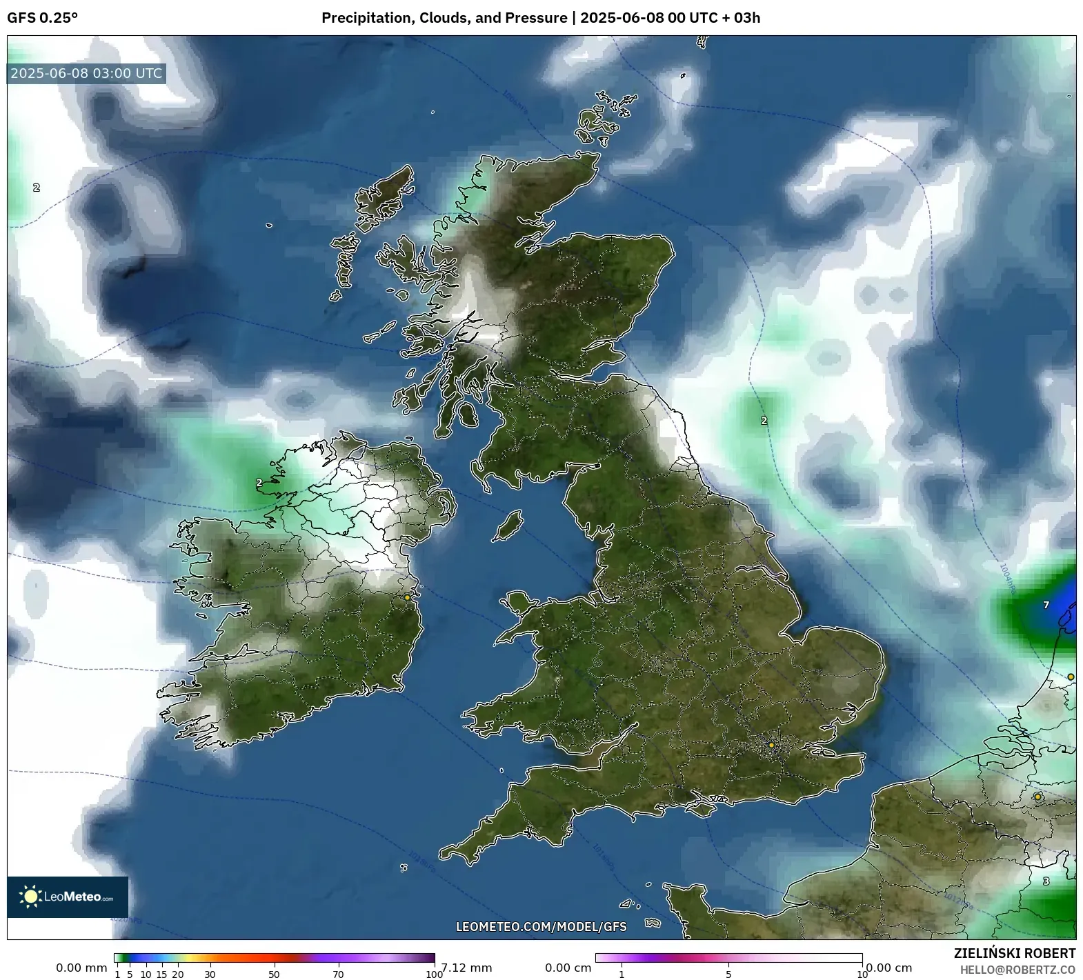 GFS model - United Kingdom, Precipitation, Clouds, and Pressure GFS model - United Kingdom, Precipitation, Clouds, and Pressure