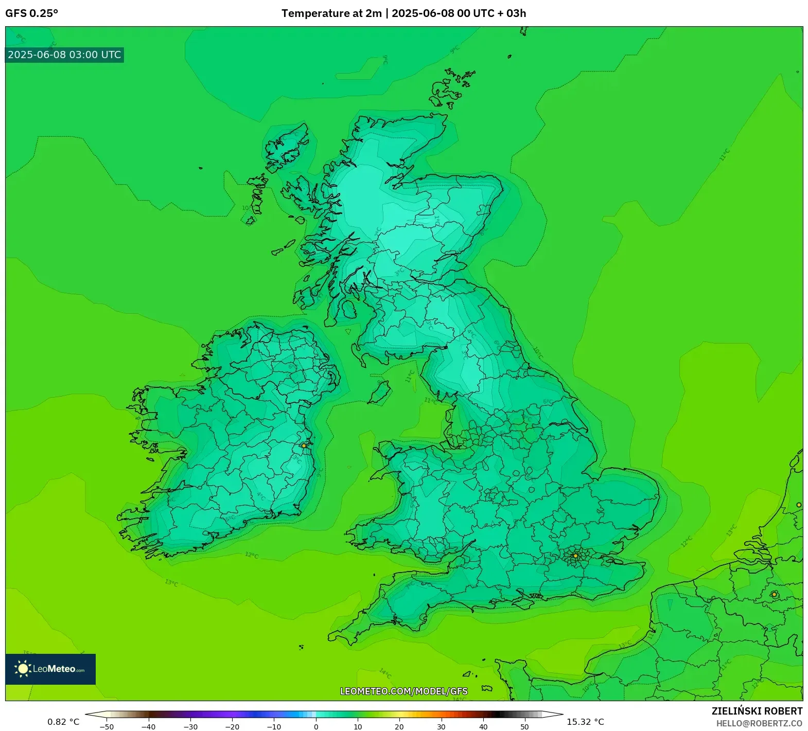 GFS model - United Kingdom, Temperature at 2m GFS model - United Kingdom, Temperature at 2m