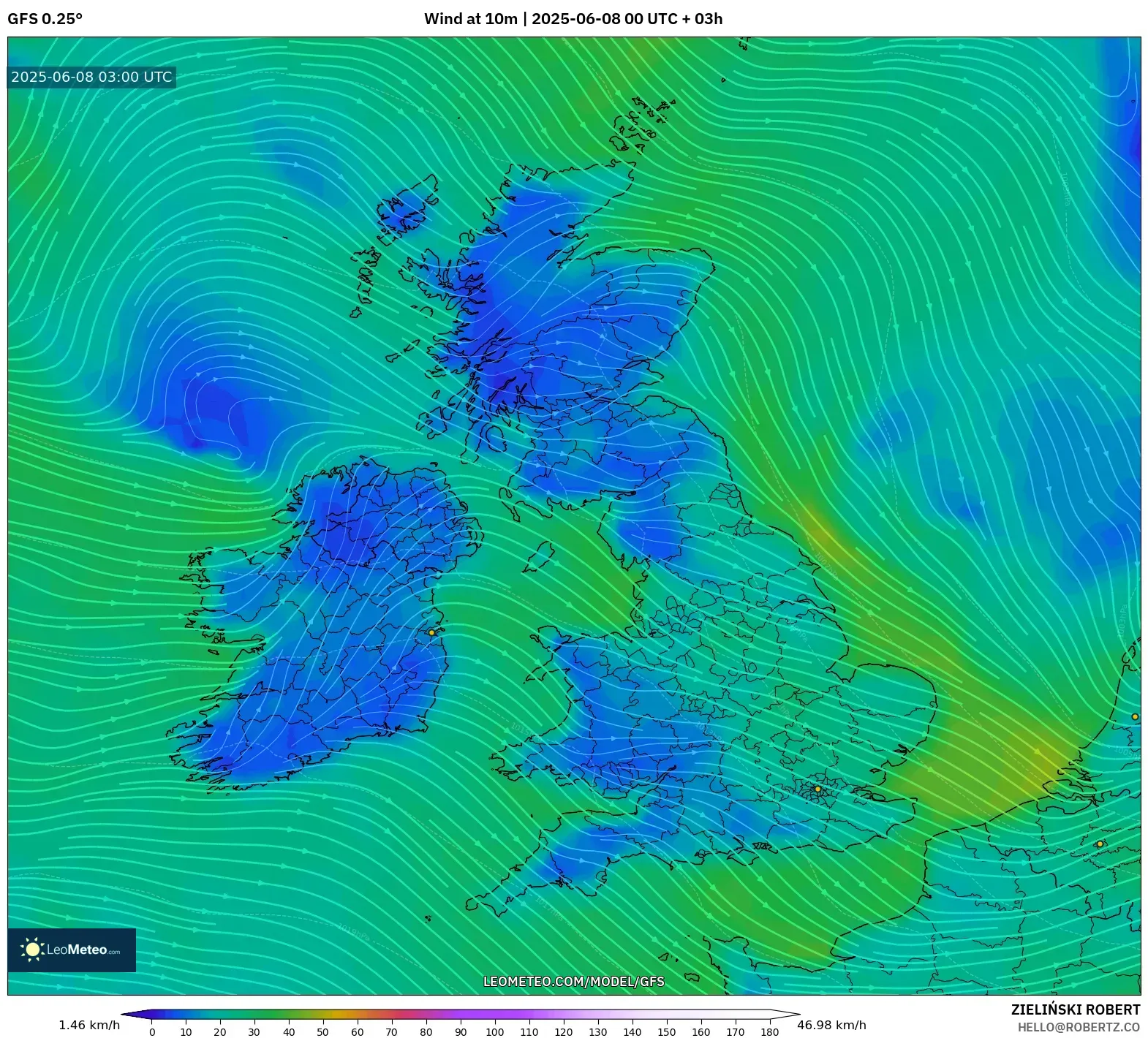 GFS model - United Kingdom, Wind at 10m GFS model - United Kingdom, Wind at 10m