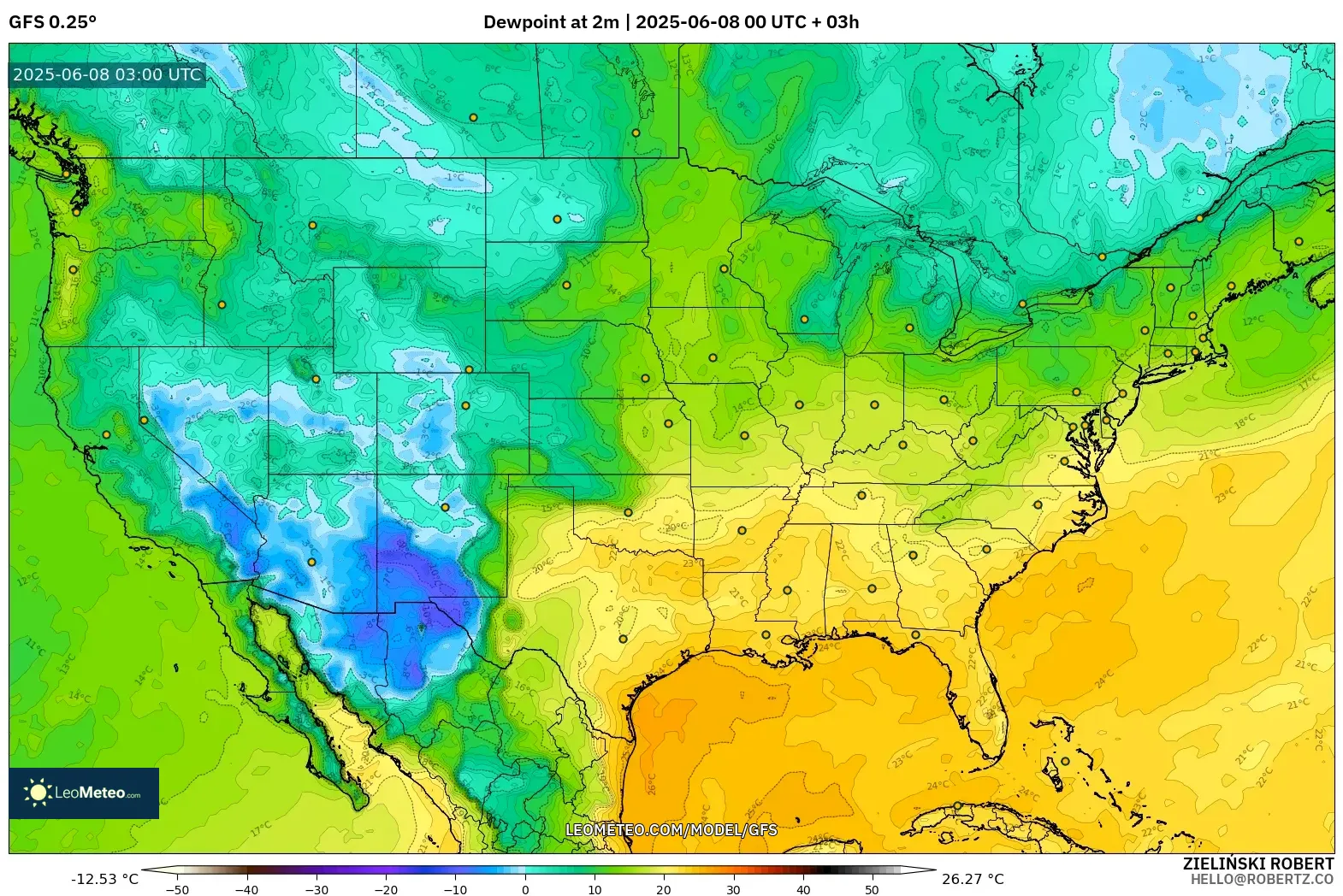 GFS model - United States, Dewpoint at 2m GFS model - United States, Dewpoint at 2m