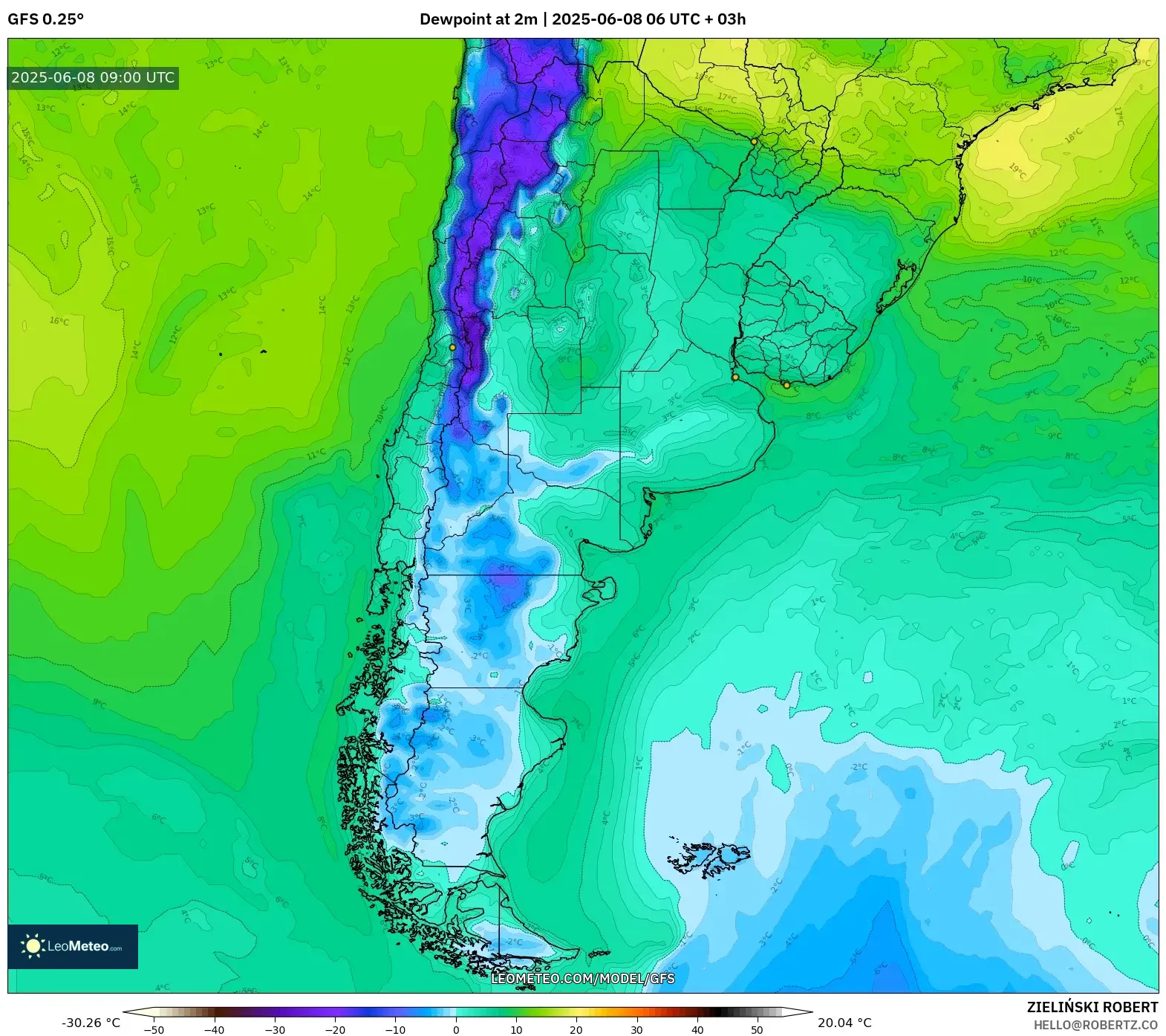 GFS model - Argentina, Dewpoint at 2m GFS model - Argentina, Dewpoint at 2m