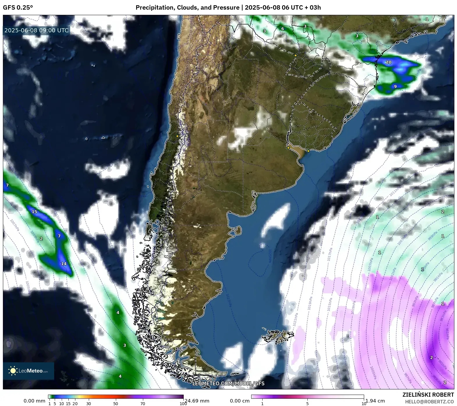 GFS model - Argentina, Precipitation, Clouds, and Pressure