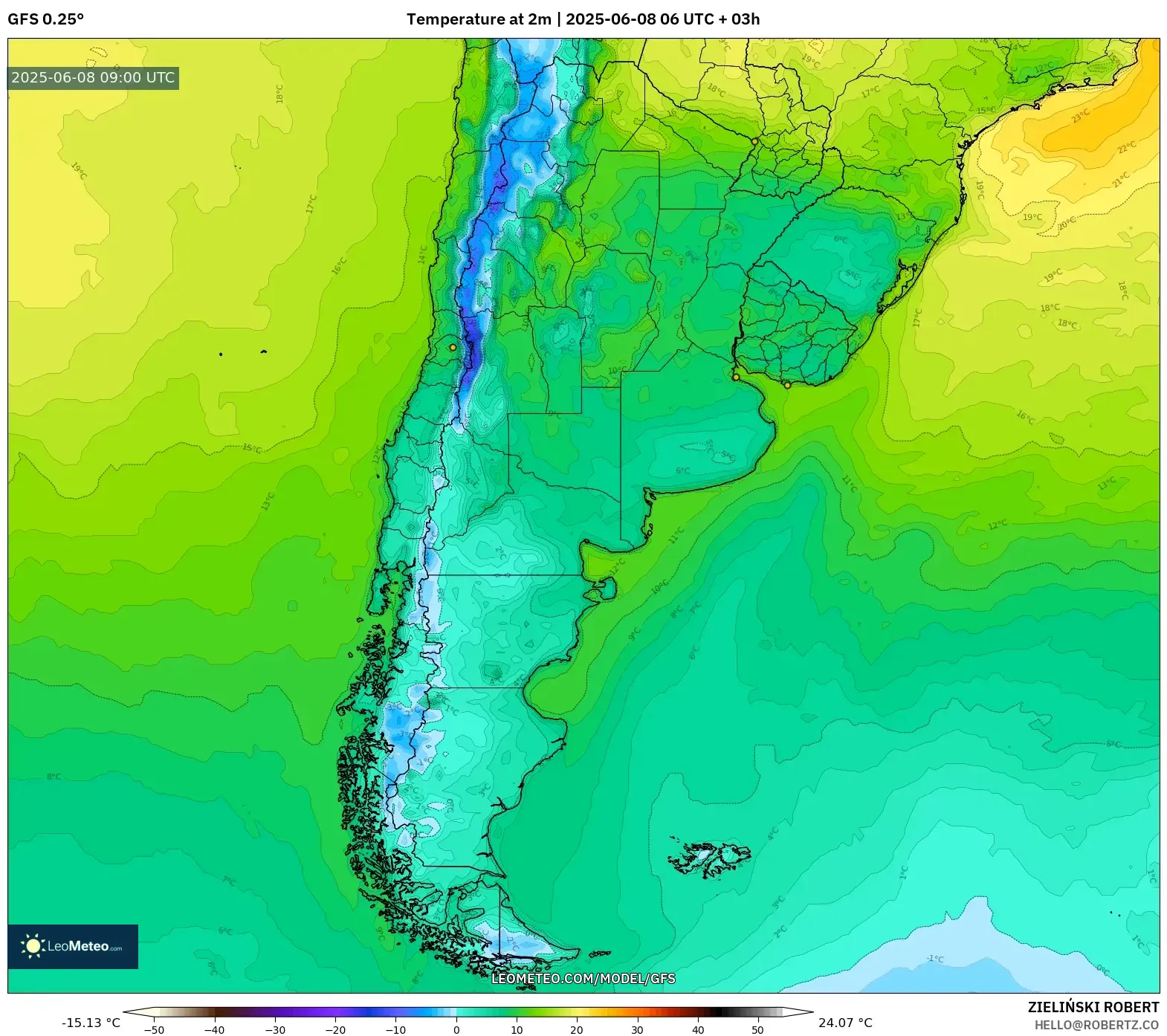 GFS model - Argentina, Temperature at 2m GFS model - Argentina, Temperature at 2m