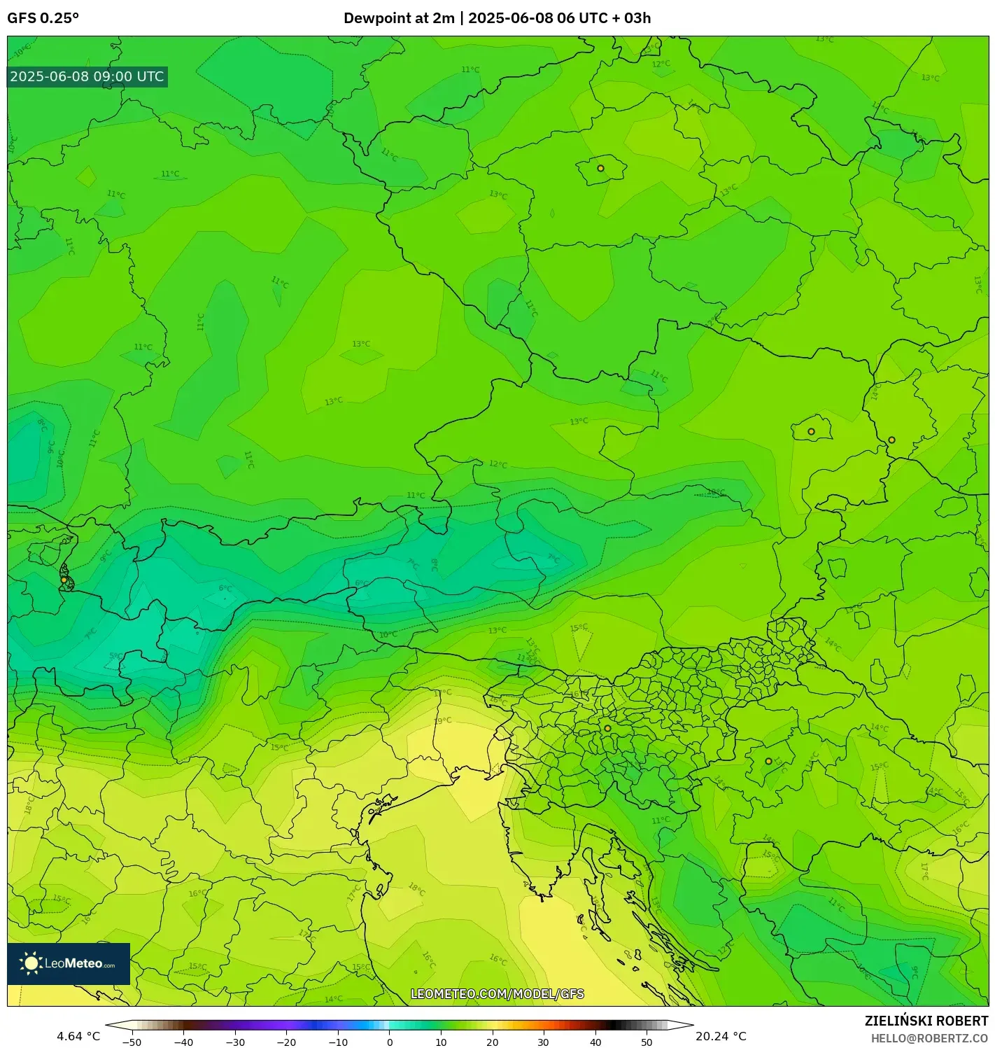 GFS model - Austria, Dewpoint at 2m GFS model - Austria, Dewpoint at 2m
