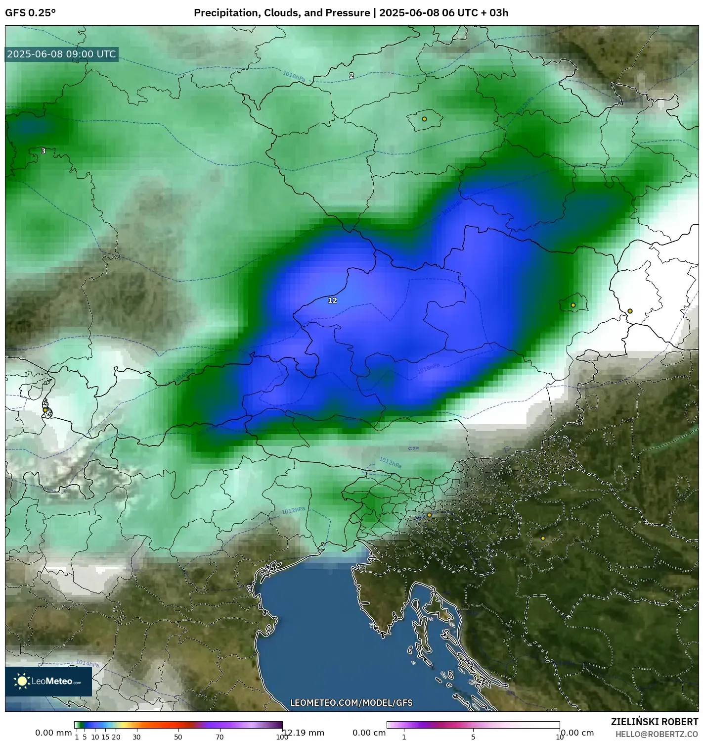 GFS model - Austria, Precipitation, Clouds, and Pressure GFS model - Austria, Precipitation, Clouds, and Pressure
