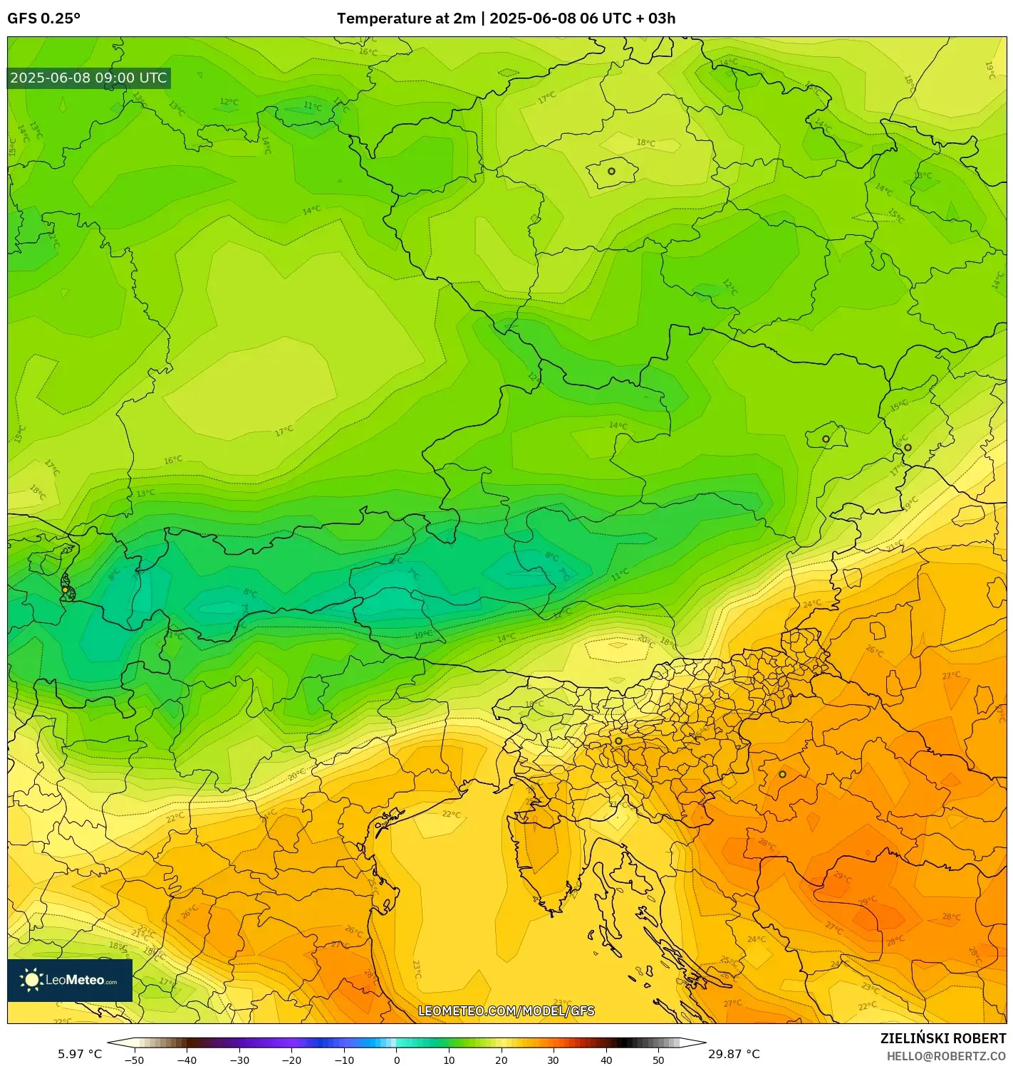 GFS model - Austria, Temperature at 2m