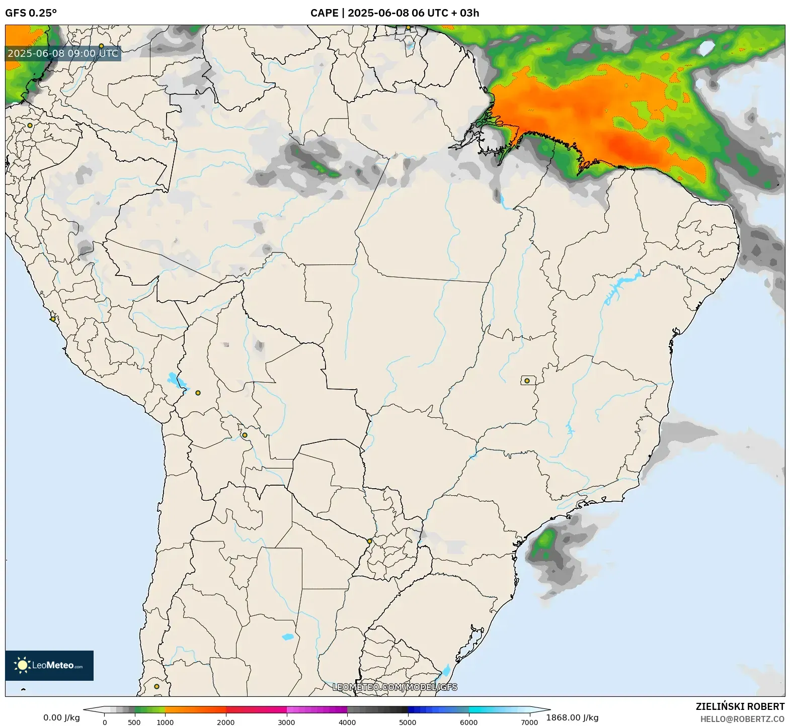 GFS model - Brazil, CAPE