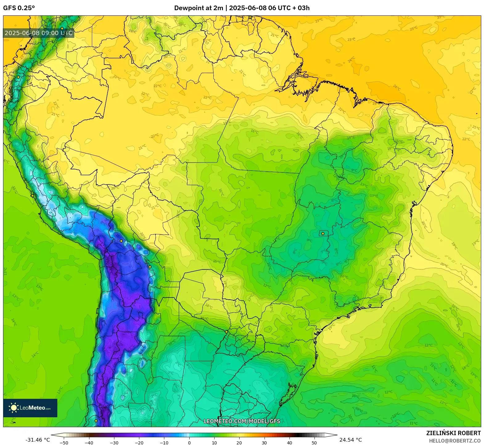 GFS model - Brazil, Dewpoint at 2m GFS model - Brazil, Dewpoint at 2m