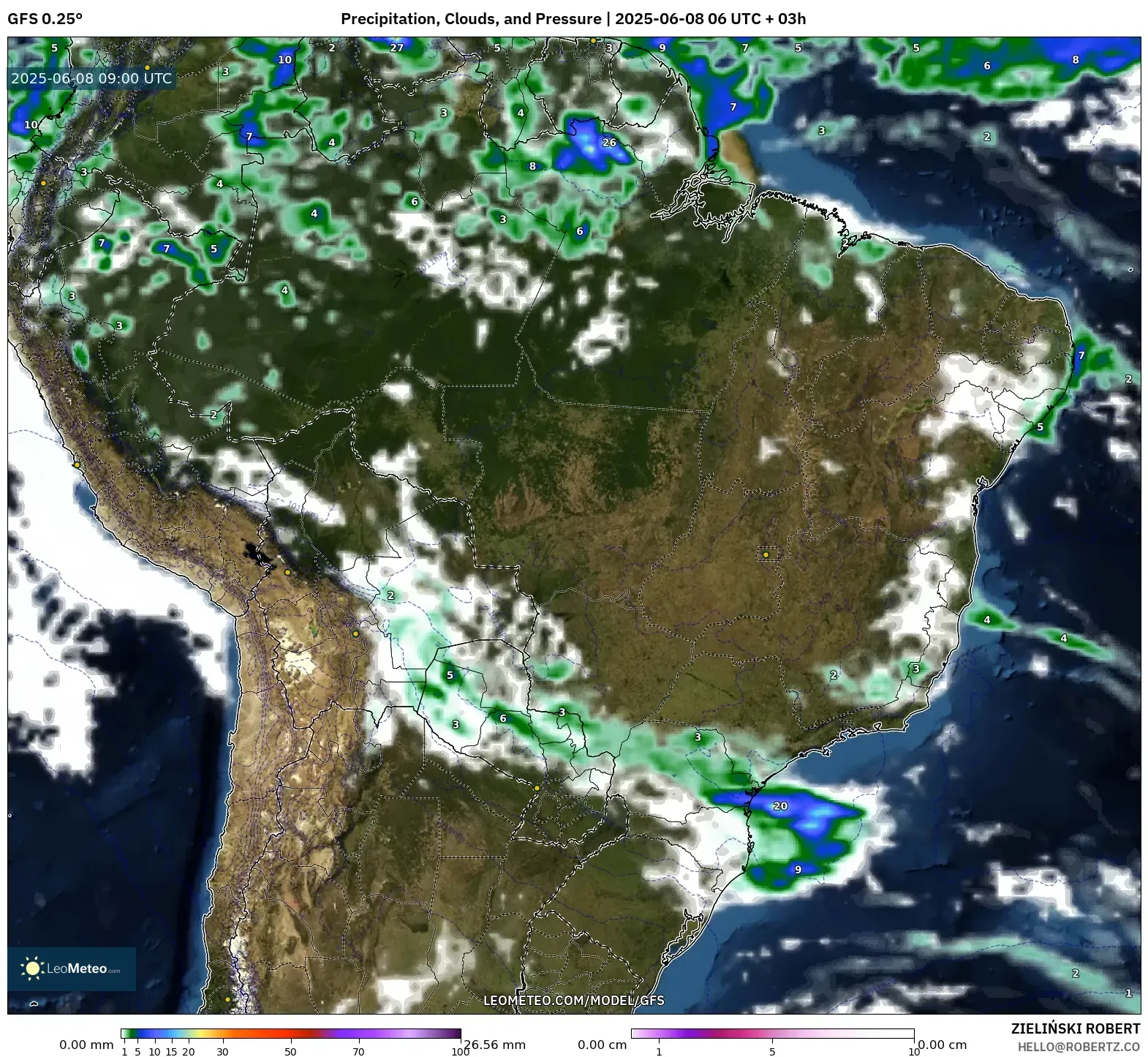 GFS model - Brazil, Precipitation, Clouds, and Pressure