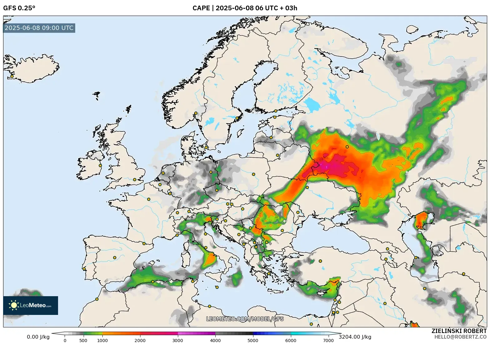 GFS model - Europe, CAPE
