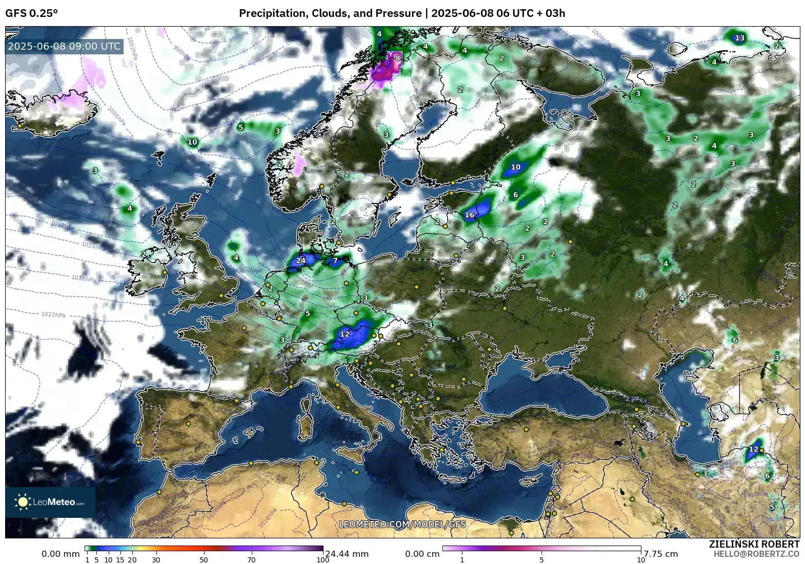GFS model - Europe, Precipitation, Clouds, and Pressure GFS model - Europe, Precipitation, Clouds, and Pressure