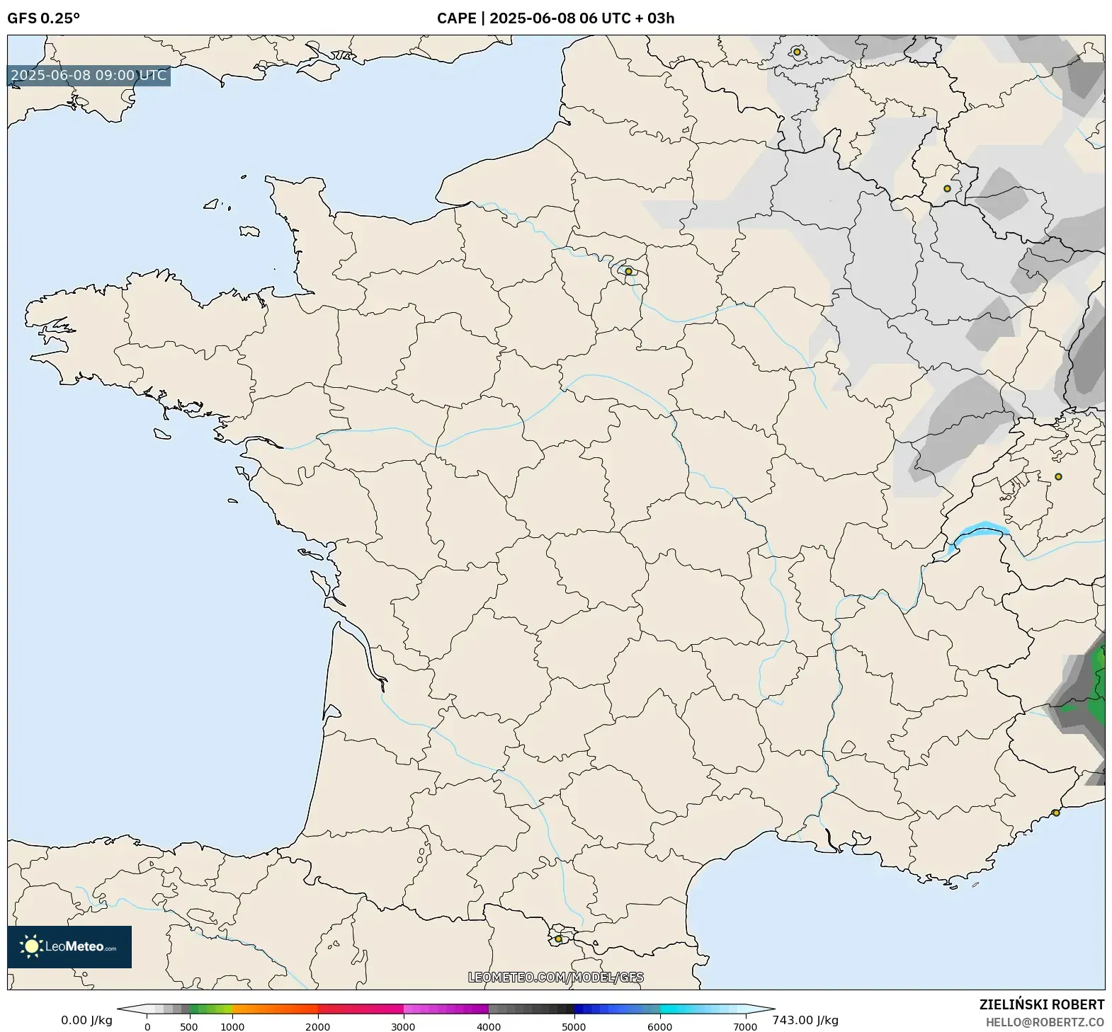 GFS model - France, CAPE GFS model - France, CAPE