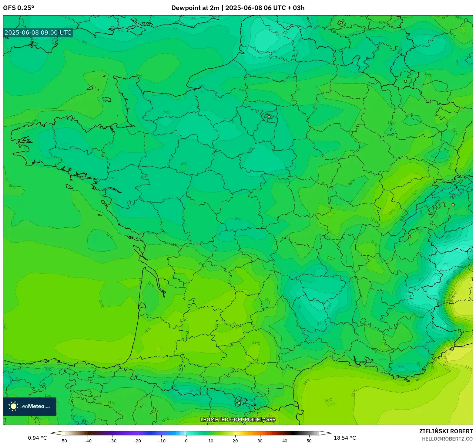 GFS model - France, Dewpoint at 2m GFS model - France, Dewpoint at 2m