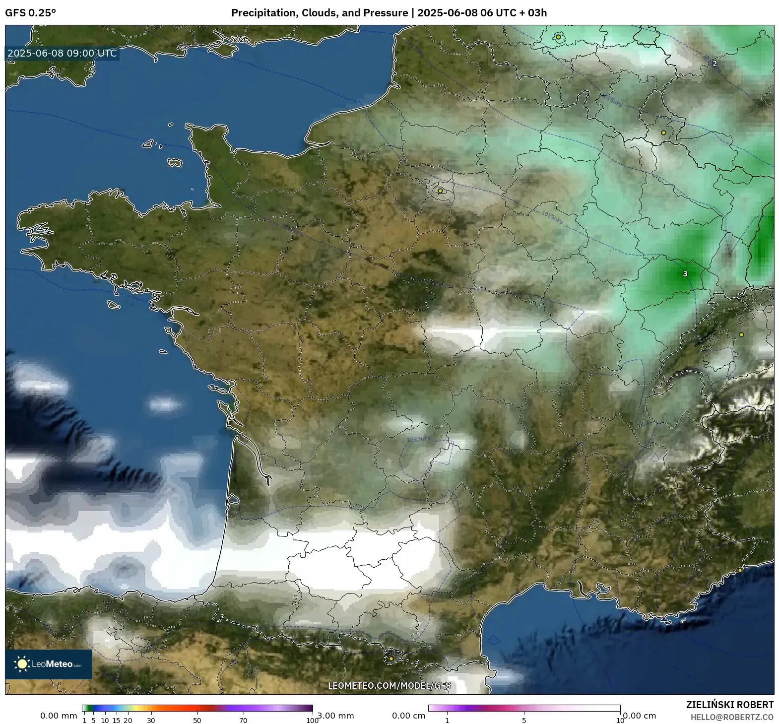GFS model - France, Precipitation, Clouds, and Pressure GFS model - France, Precipitation, Clouds, and Pressure