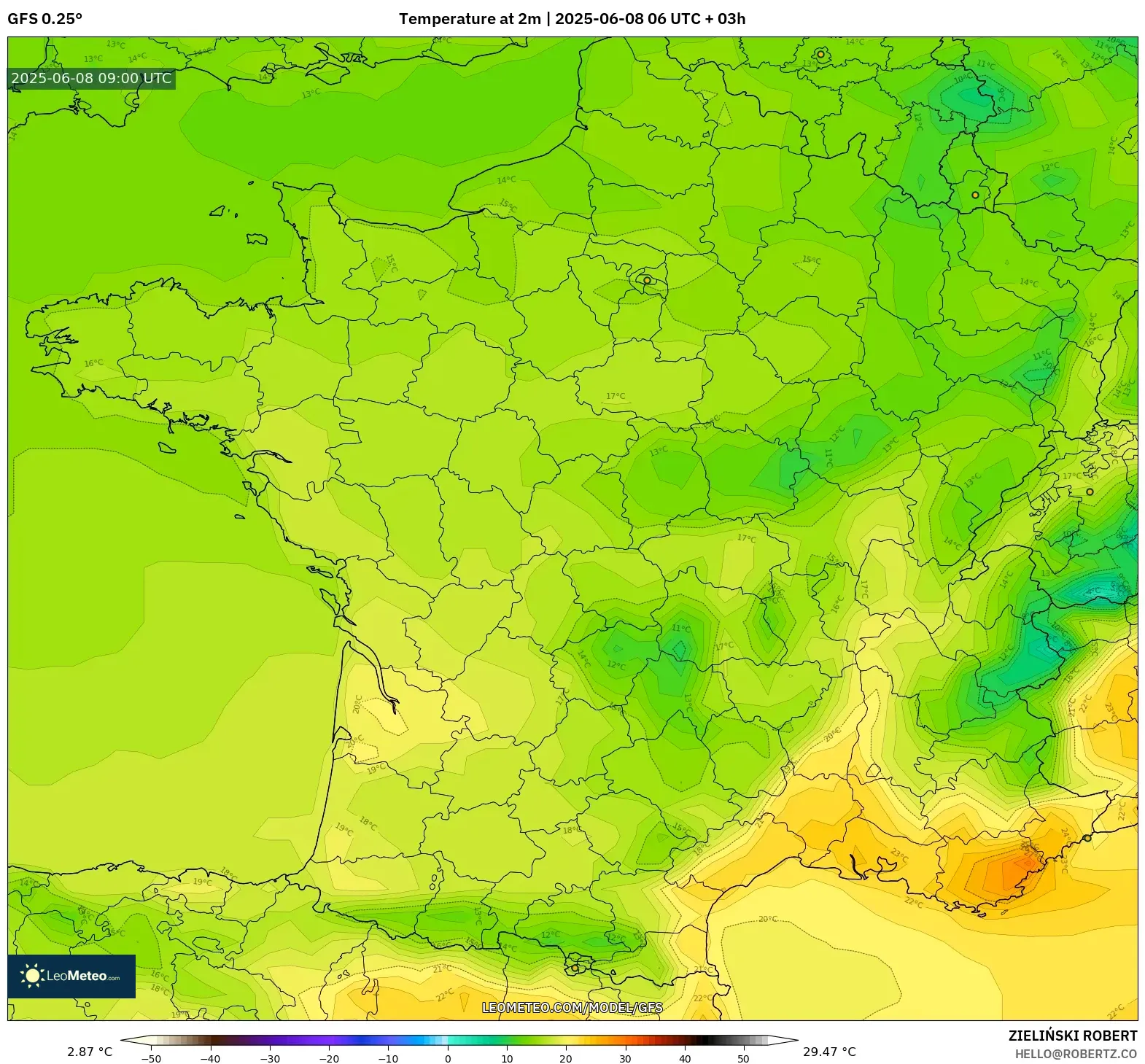 GFS model - France, Temperature at 2m GFS model - France, Temperature at 2m