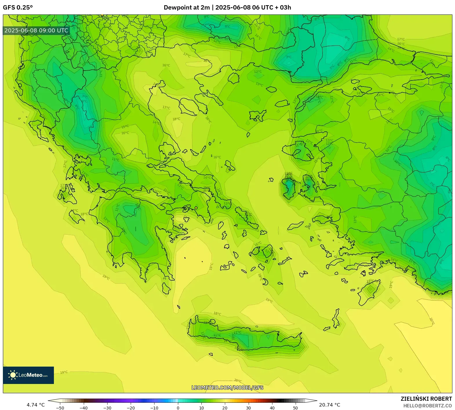 GFS model - Greece, Dewpoint at 2m