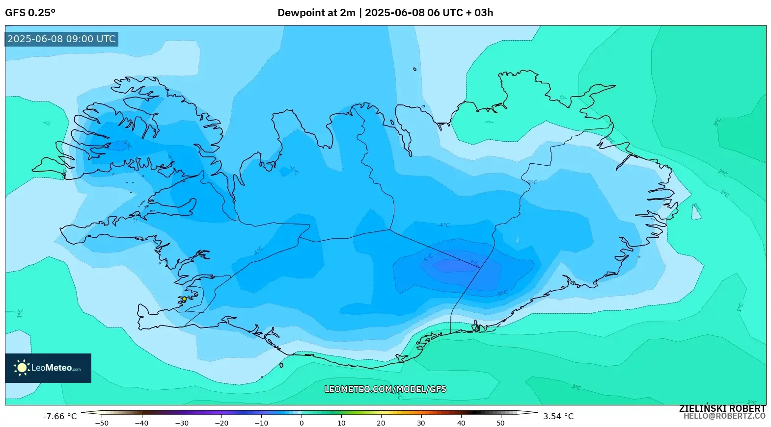 GFS model - Iceland, Dewpoint at 2m GFS model - Iceland, Dewpoint at 2m