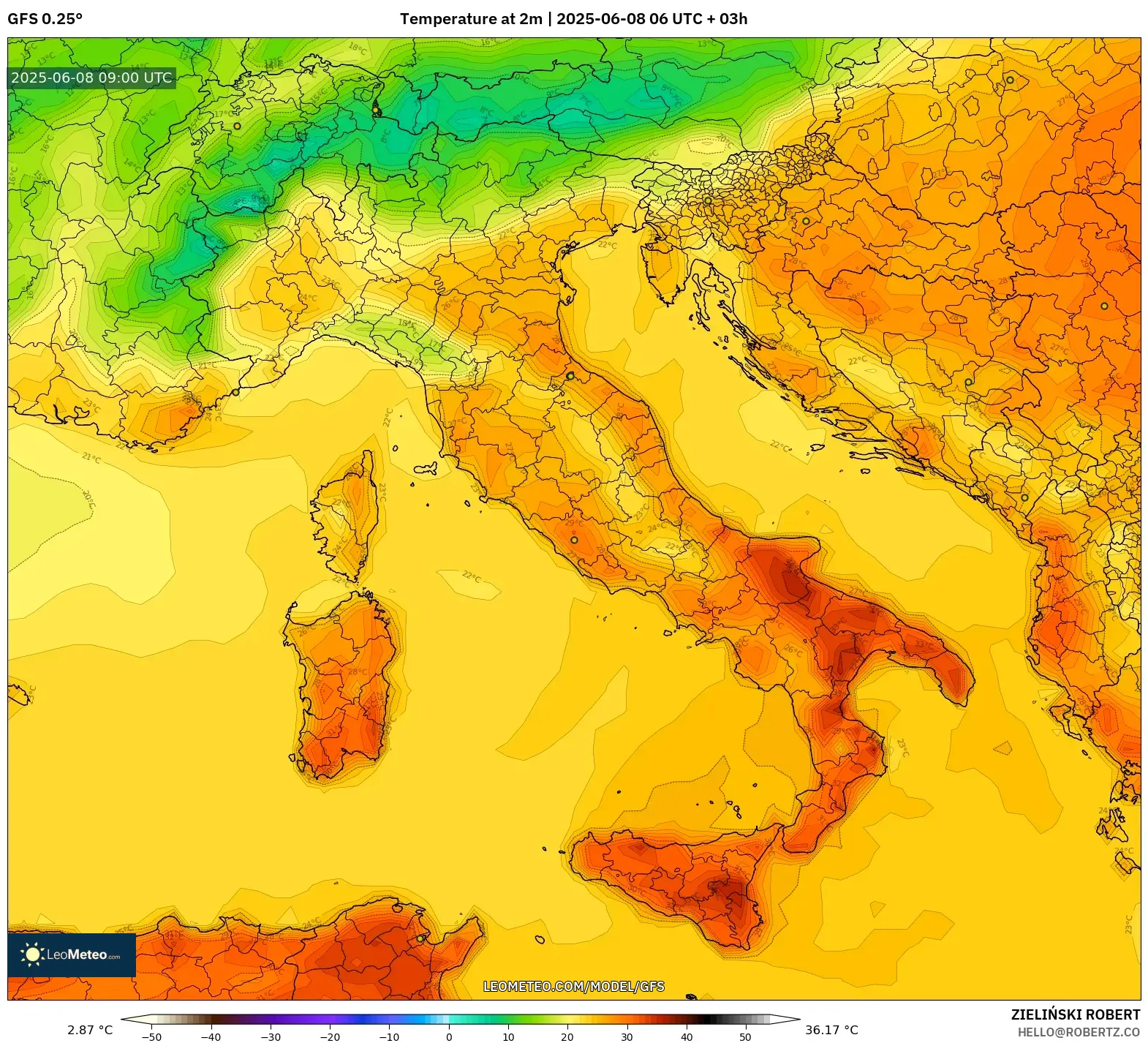GFS model - Italy, Temperature at 2m GFS model - Italy, Temperature at 2m