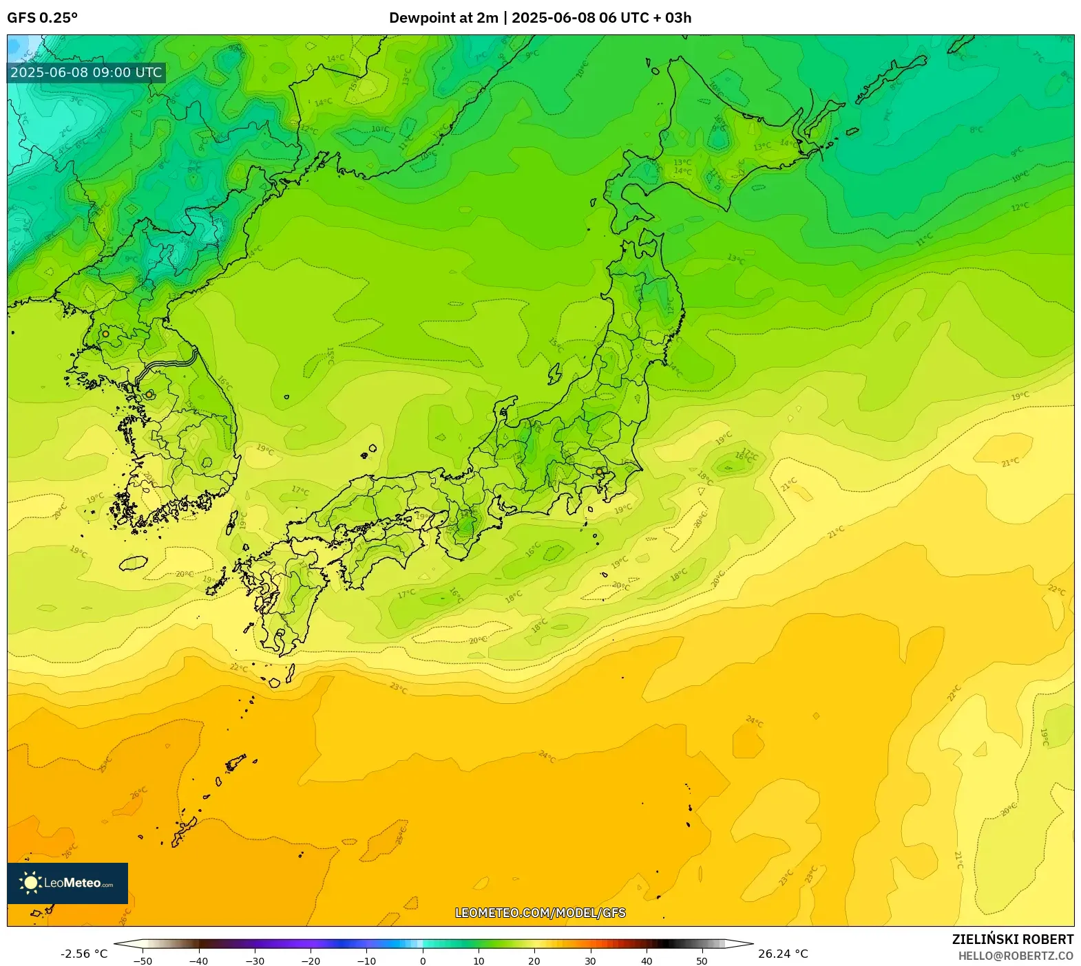 GFS model - Japan, Dewpoint at 2m GFS model - Japan, Dewpoint at 2m