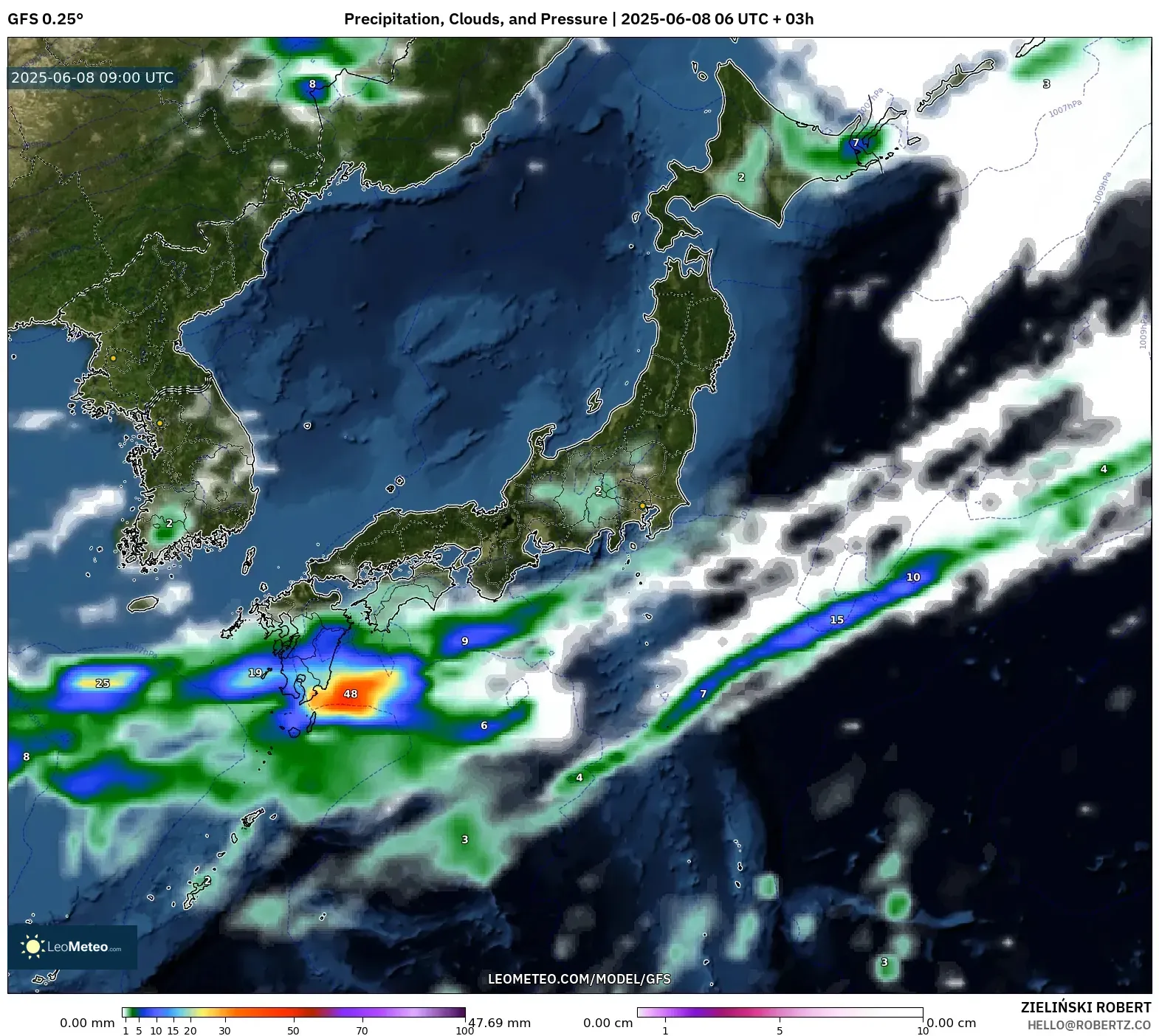 GFS model - Japan, Precipitation, Clouds, and Pressure GFS model - Japan, Precipitation, Clouds, and Pressure
