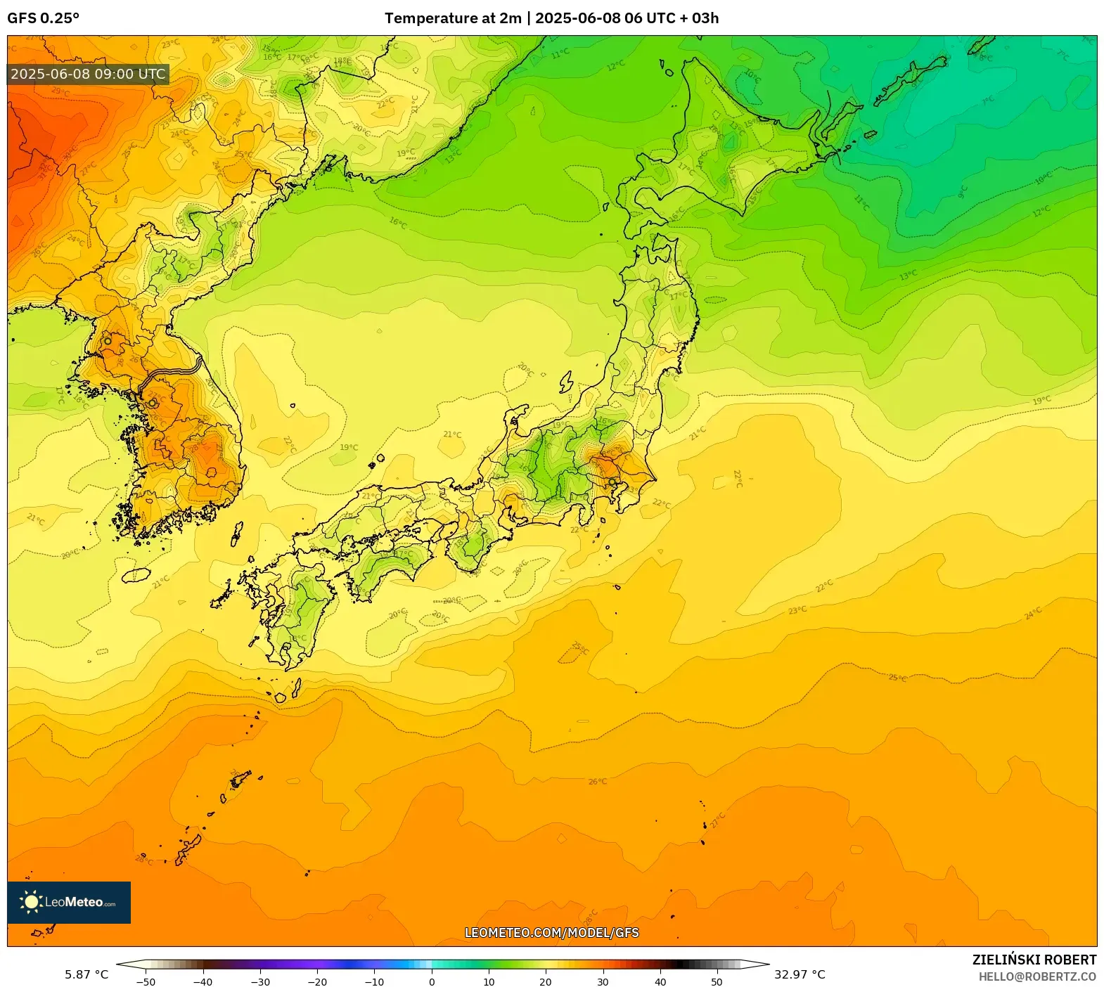 GFS model - Japan, Temperature at 2m GFS model - Japan, Temperature at 2m